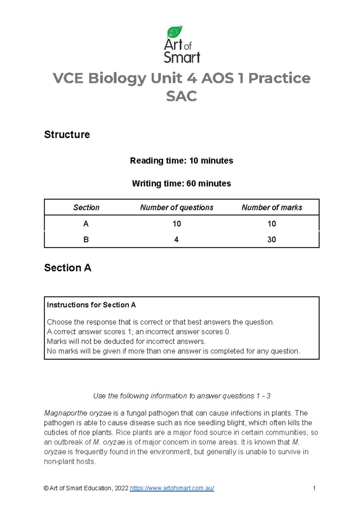 VCE Biology Unit 4 AOS 1 Practice SAC - Art Of Smart Education - VCE ...