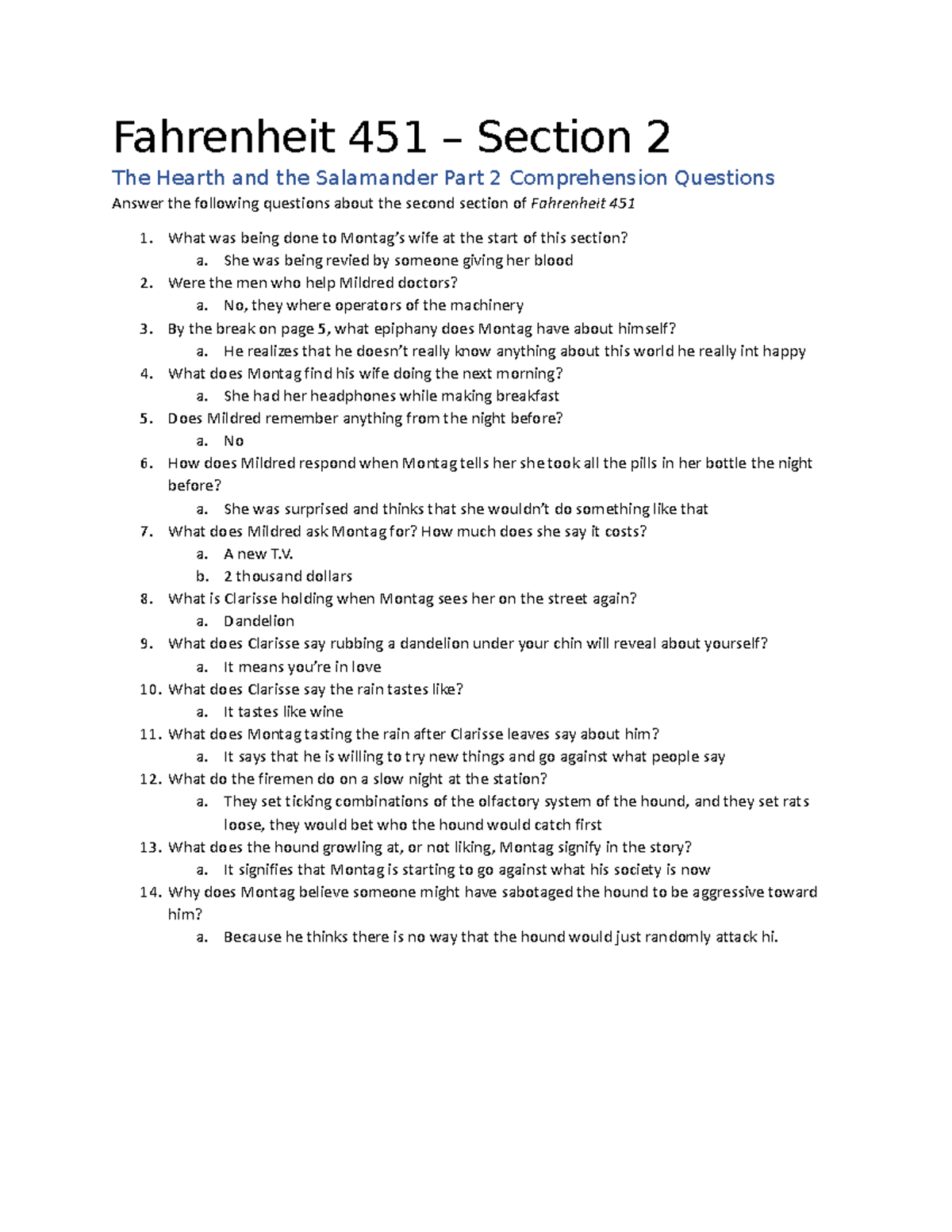 Fahrenheit 451 Section 2 comp questions1 Fahrenheit 451 Section