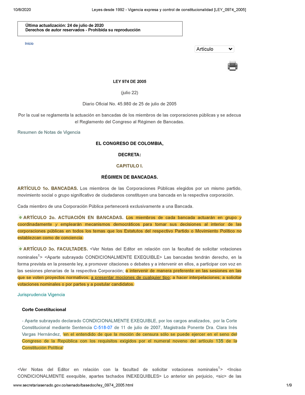 Ley 974 De 2005 (RÃ©gimen De Bancadas) - Última Actualización: 24 De ...