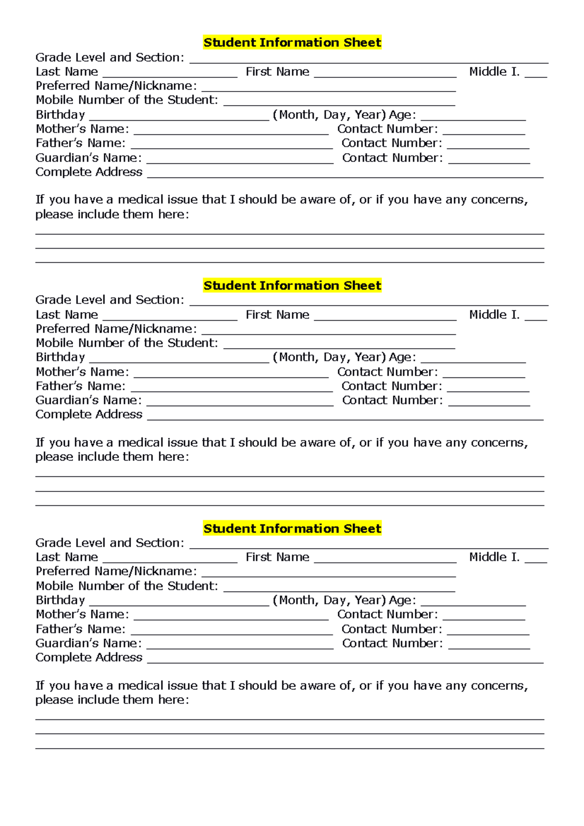 Student INFO Sheet - Student Information Sheet Grade Level and Section ...