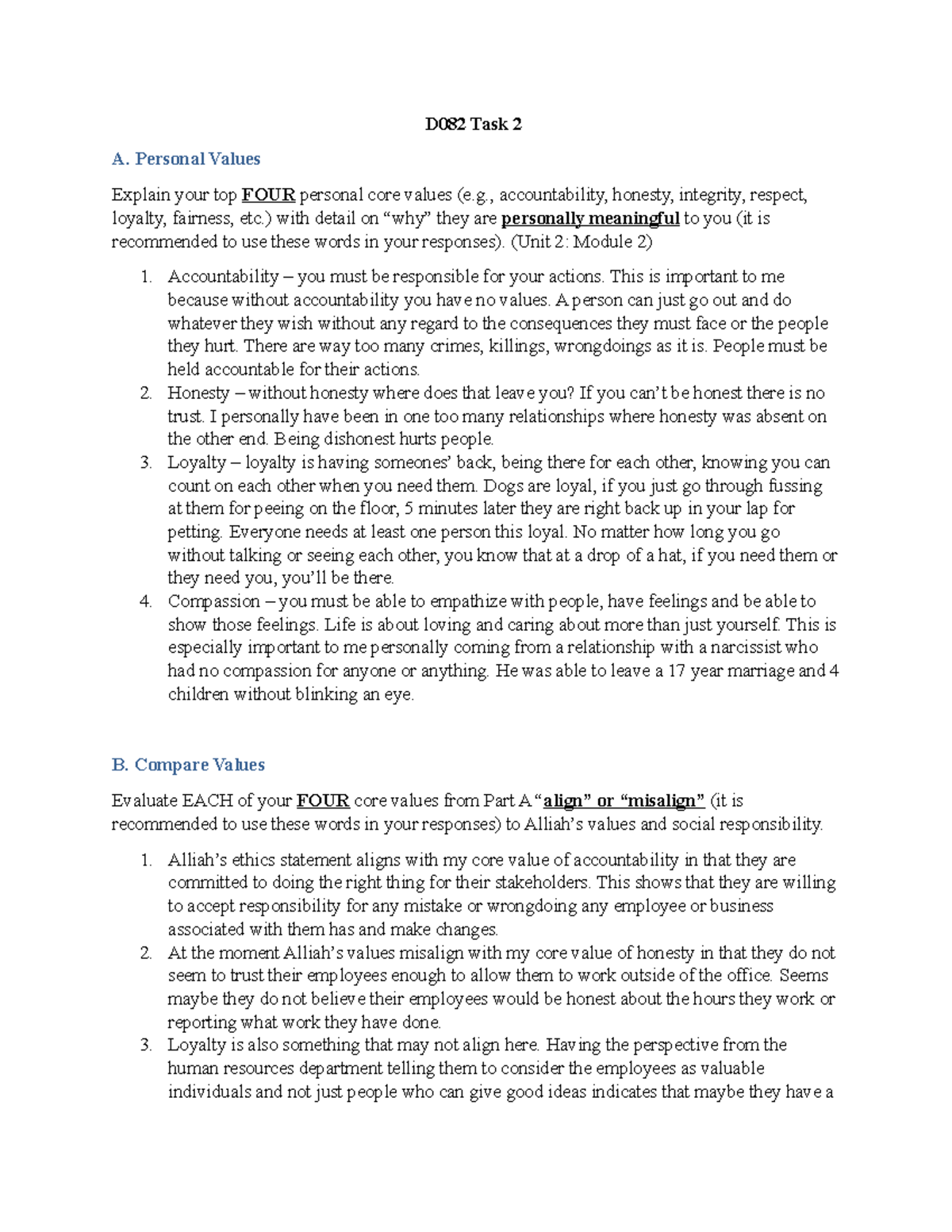 D082 Task 2 - Passed - D082 Task 2 A. Personal Values Explain Your Top ...