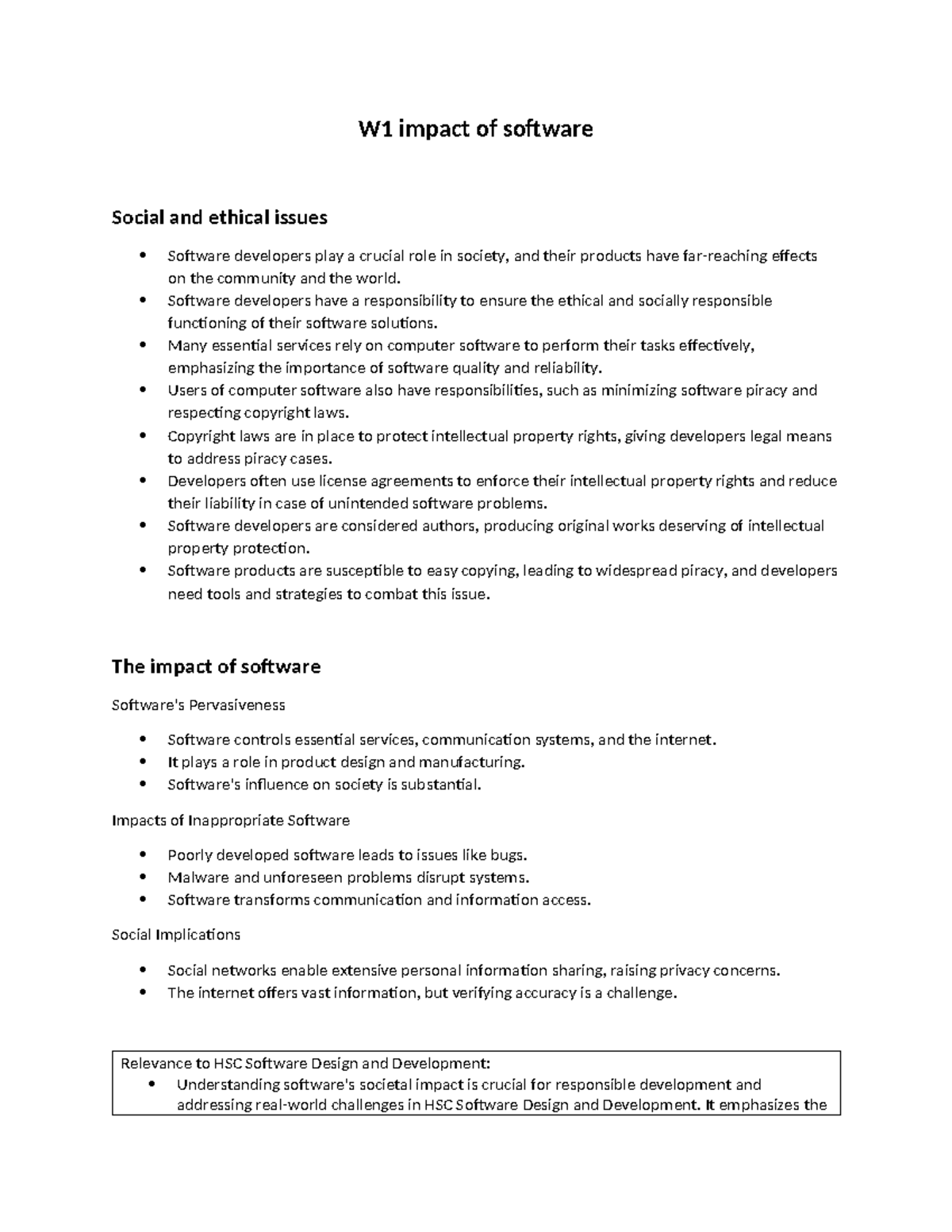 SDD impact of software notes - W1 impact of software Social and ethical ...