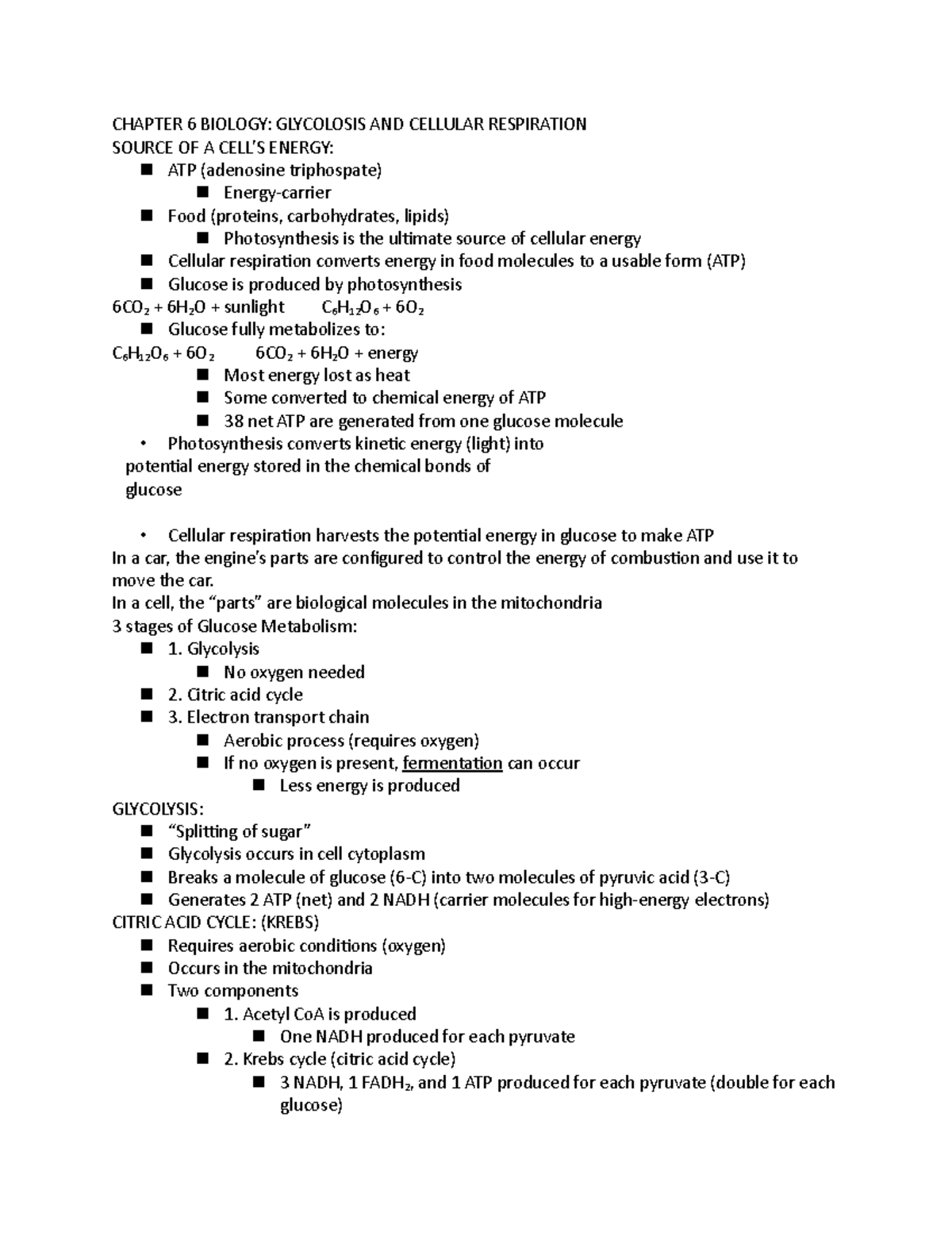 Chapter 6 Biology - Chapter 6 Biology: Glycolosis And Cellular 