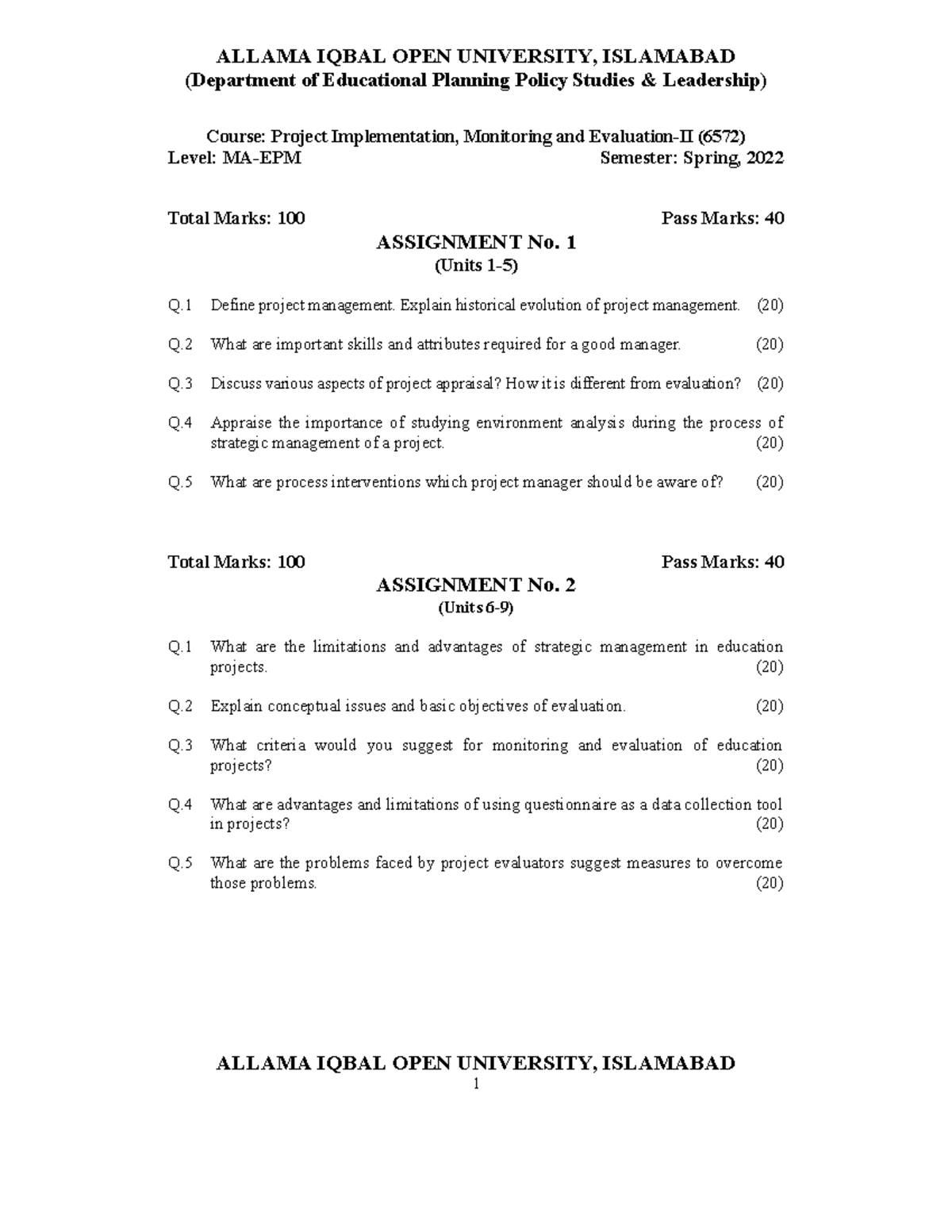 Complete assigment questionaire - ALLAMA IQBAL OPEN UNIVERSITY ...