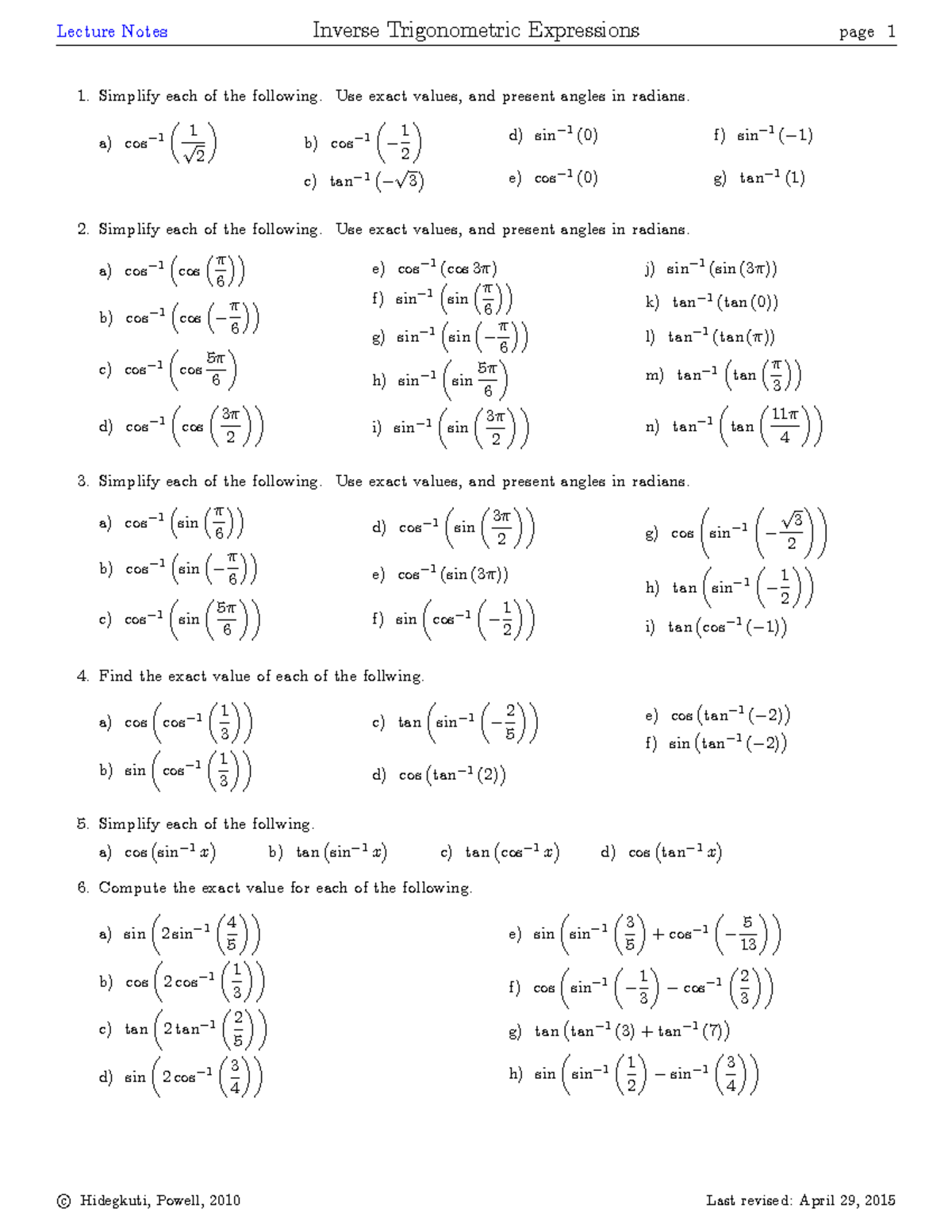Inverse Expressions - Simplify each of the following. Use exact values ...