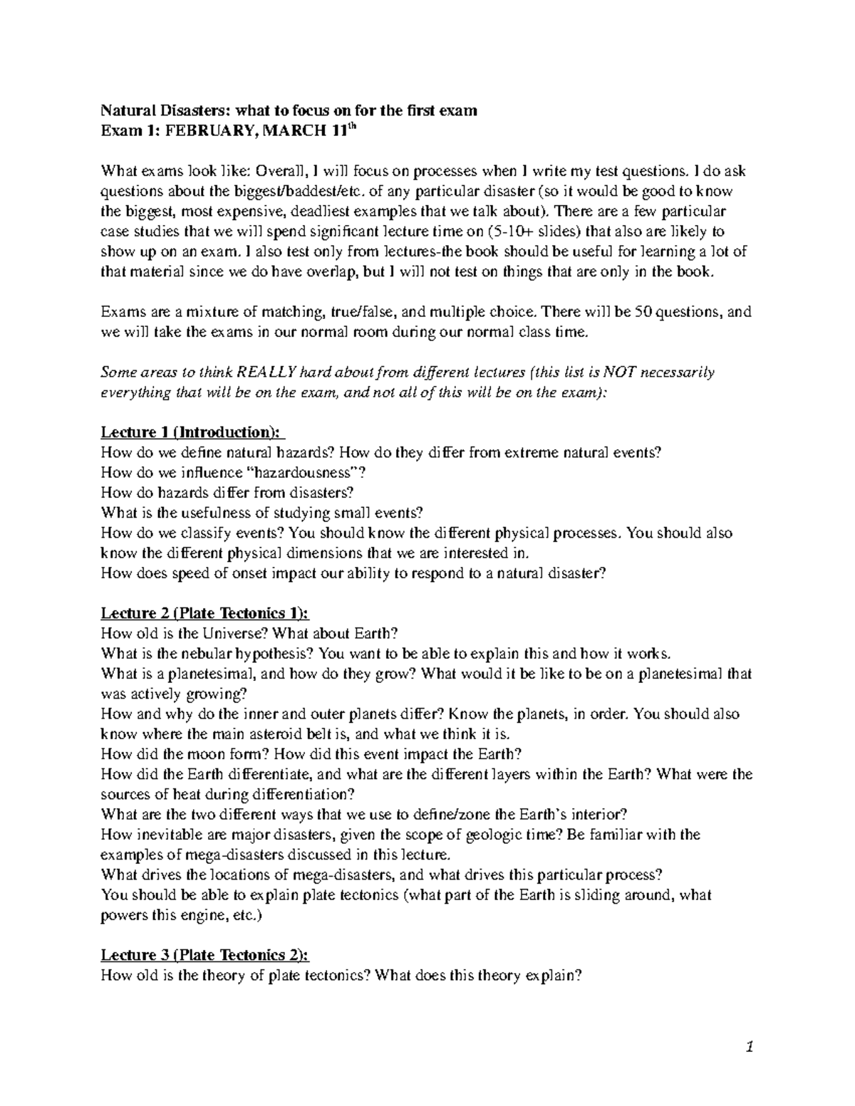 Exam 1 Studyguide - Lecture Notes Unit 1 - Natural Disasters: What To ...