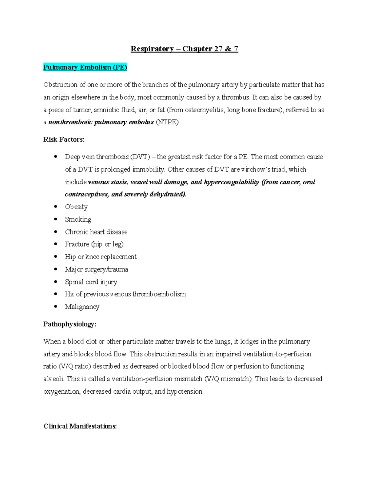 Respiratory Notes - Respiratory – Chapter 27 & 7 Pulmonary Embolism (PE ...