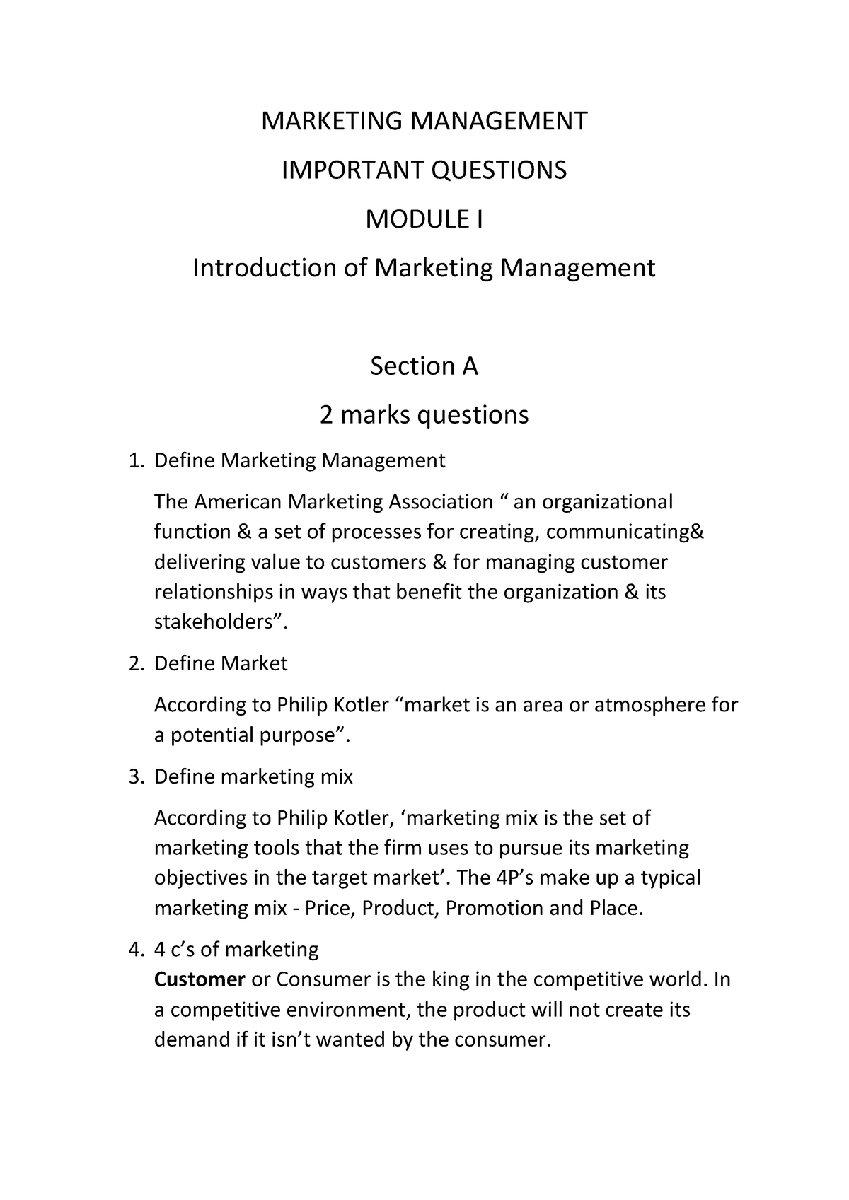 marketing management assignment questions