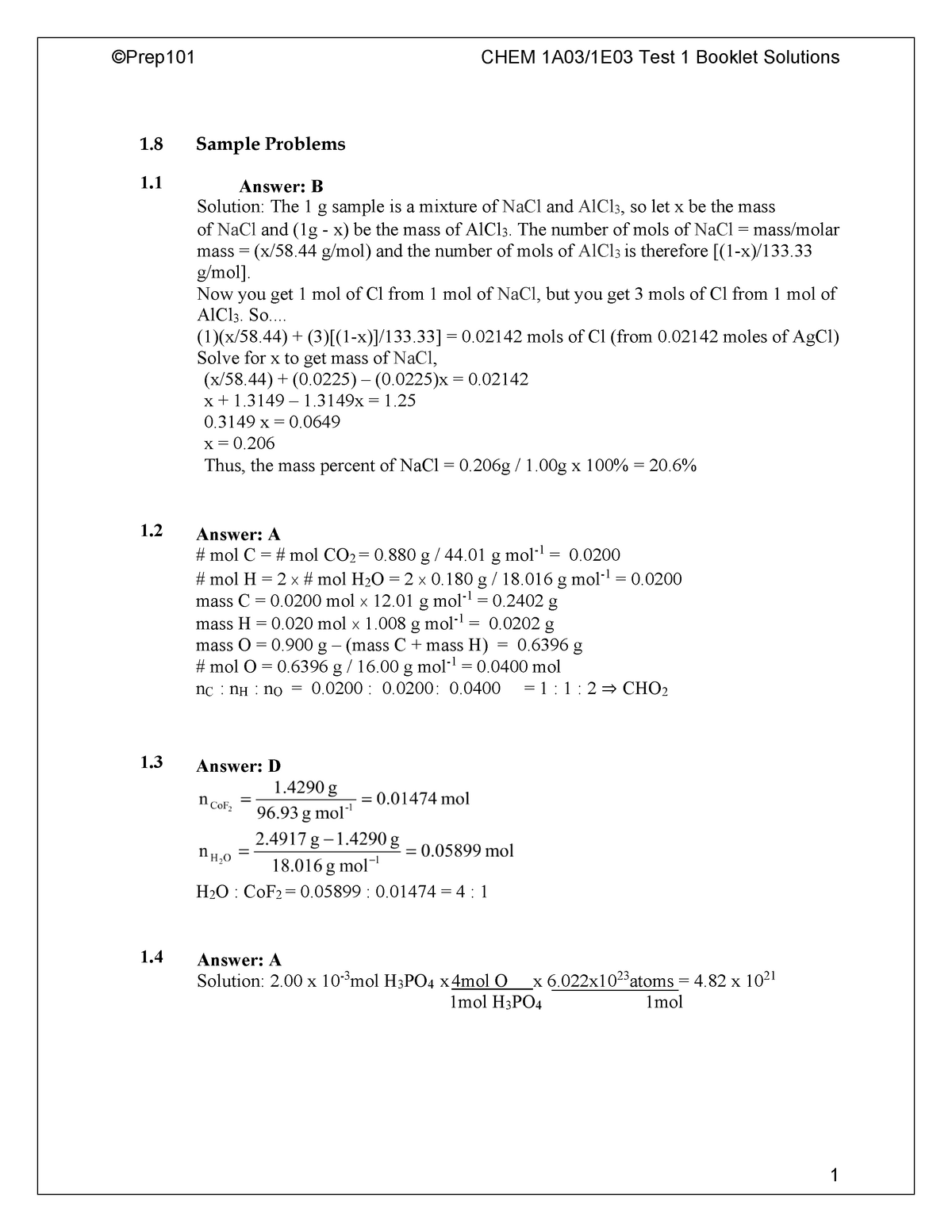 CHEM 1A03 1E03 MT1 Booklet Solutions - 1 Sample Problems 1 Answer: B ...