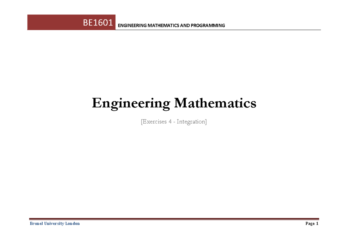 Week 17 - Exercises 4 - Integration - BE1601 ENGINEERING MATHEMATICS ...