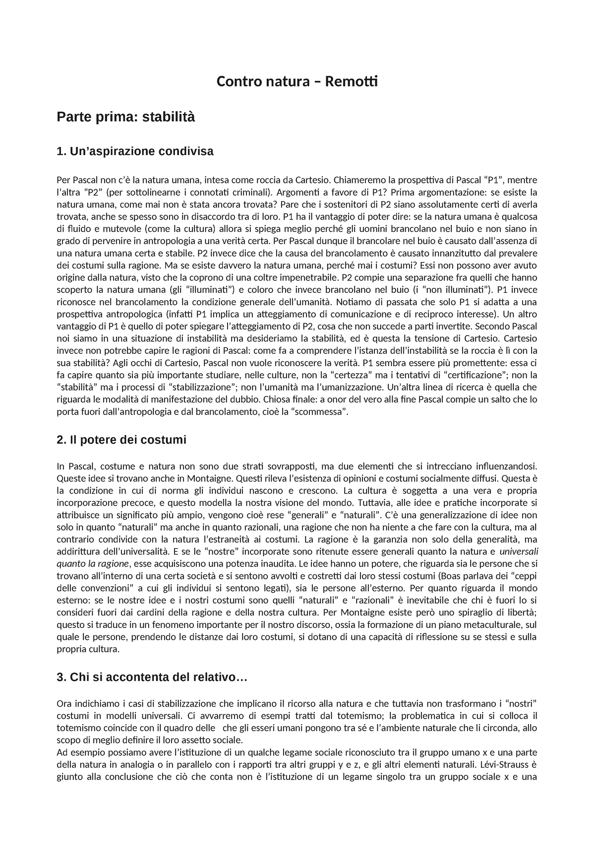 Riassunto Contro natura Remotti - Contro natura – Remotti Parte prima:  stabilità 1. Un'aspirazione - Studocu