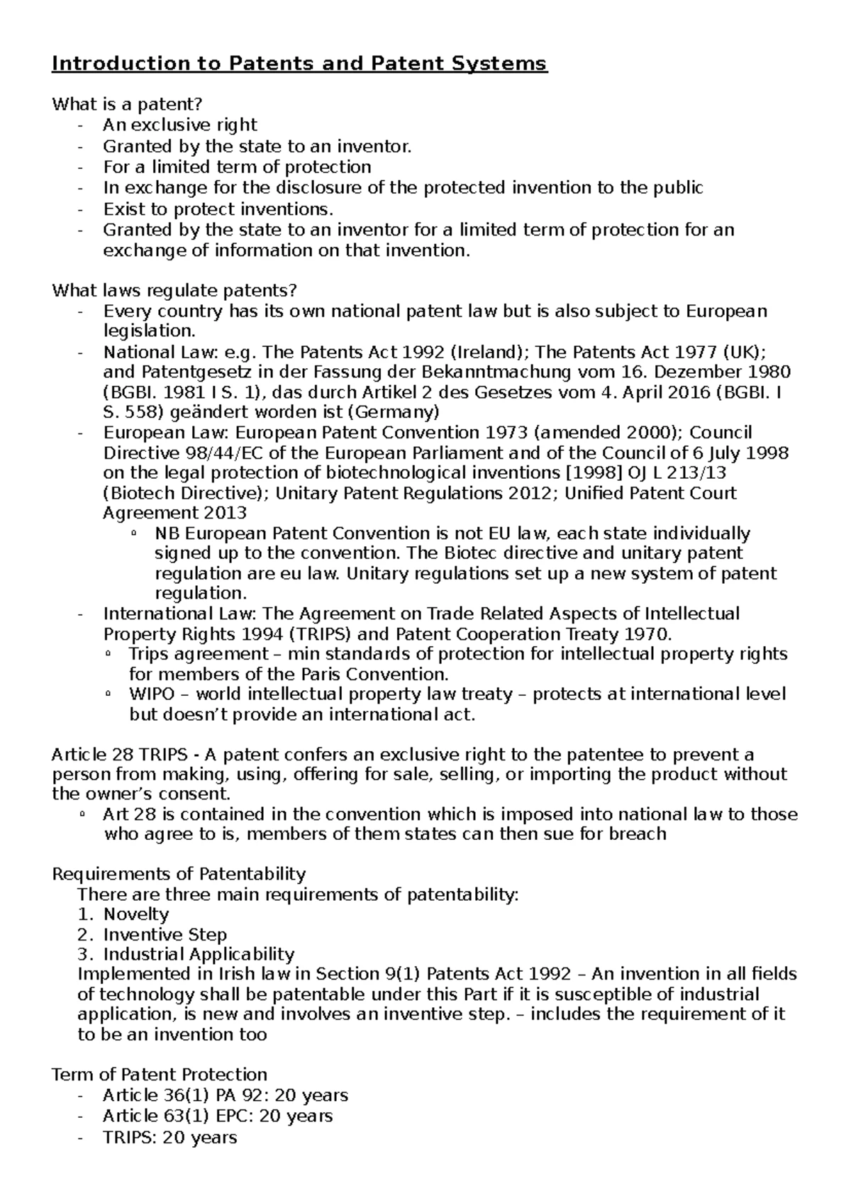 Patent notes - Introduction to Patents and Patent Systems What is a ...
