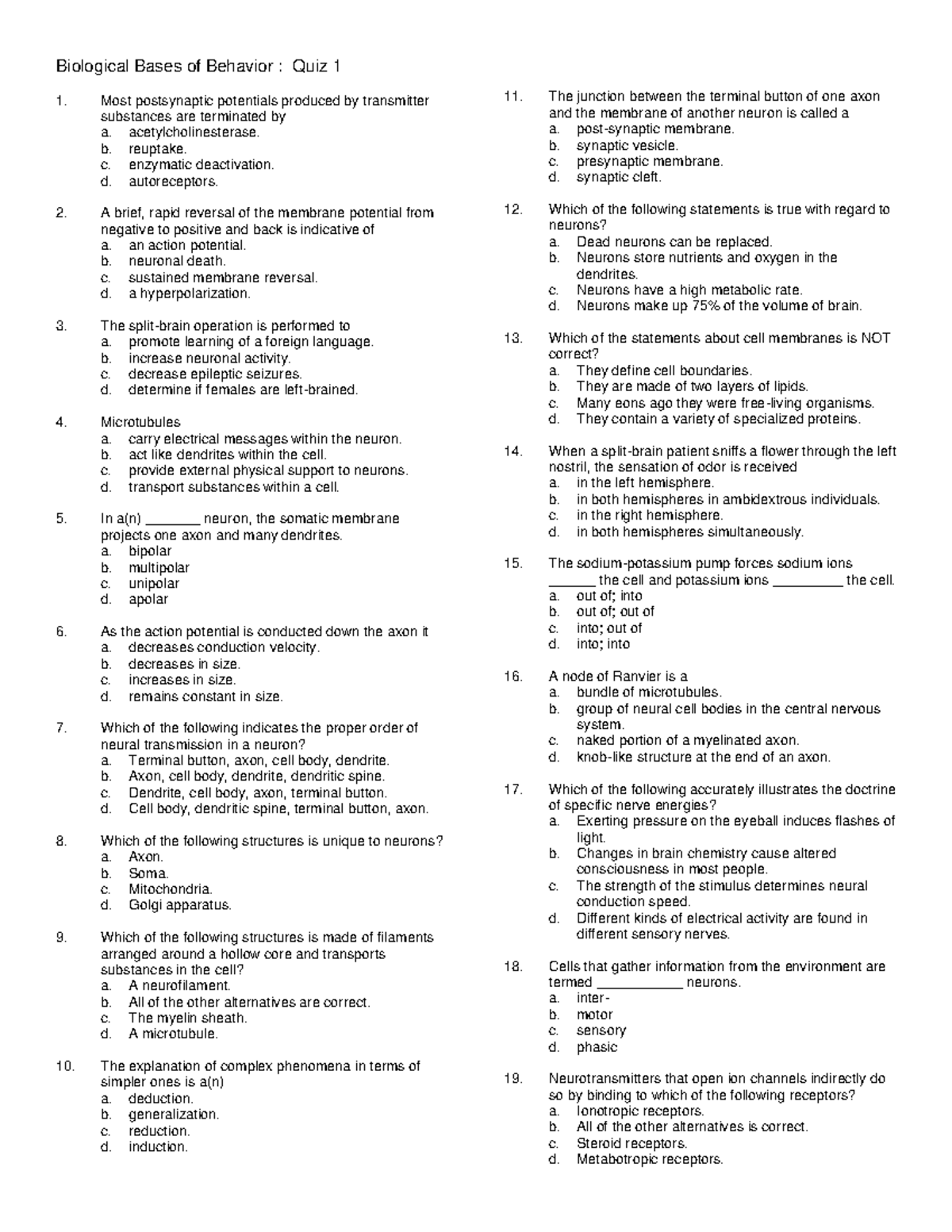 Quiz1 - Biological Bases of Behavior : Quiz 1 Most postsynaptic ...