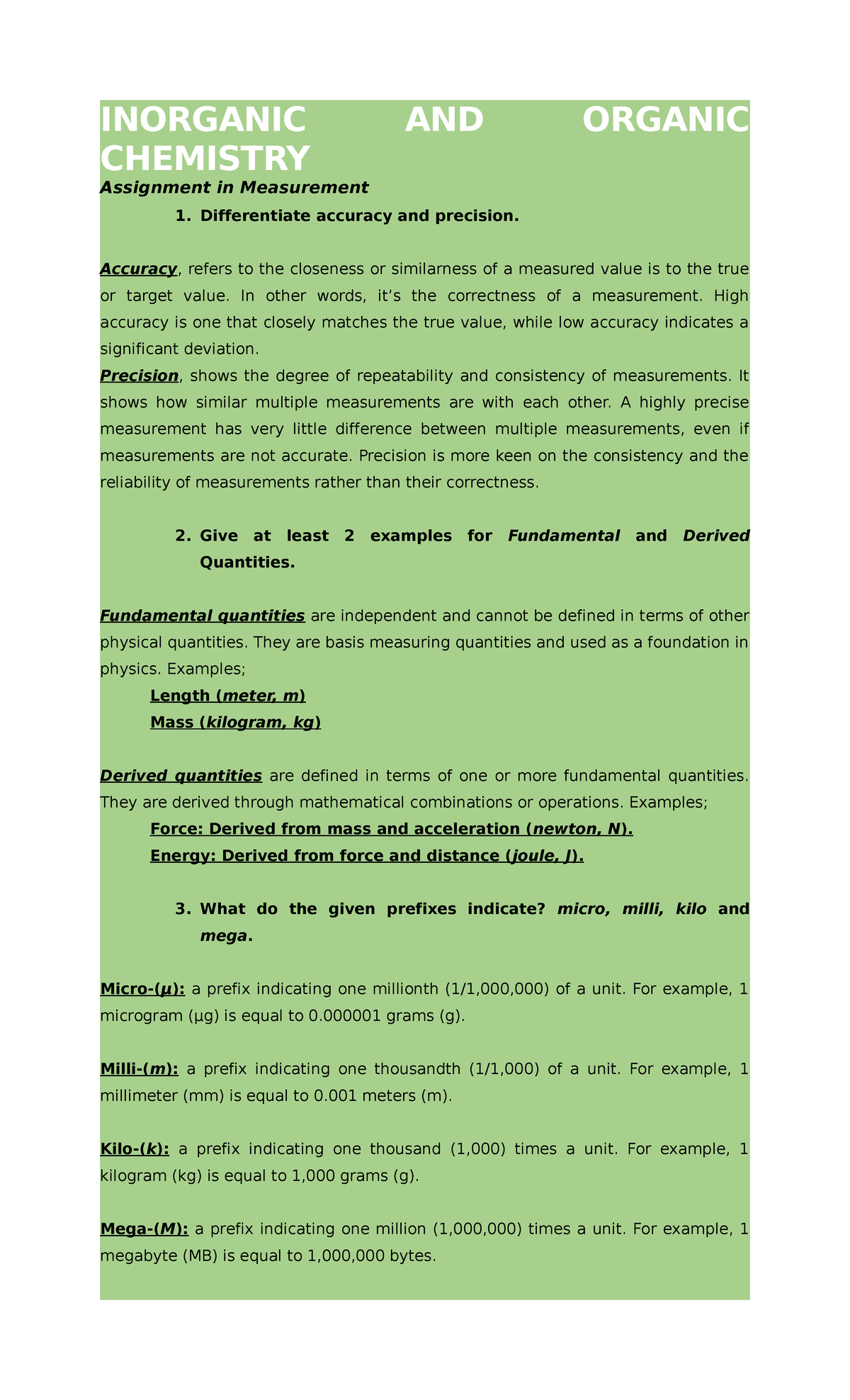 Measurement - assignment on organic and inorganic chemistry - INORGANIC ...