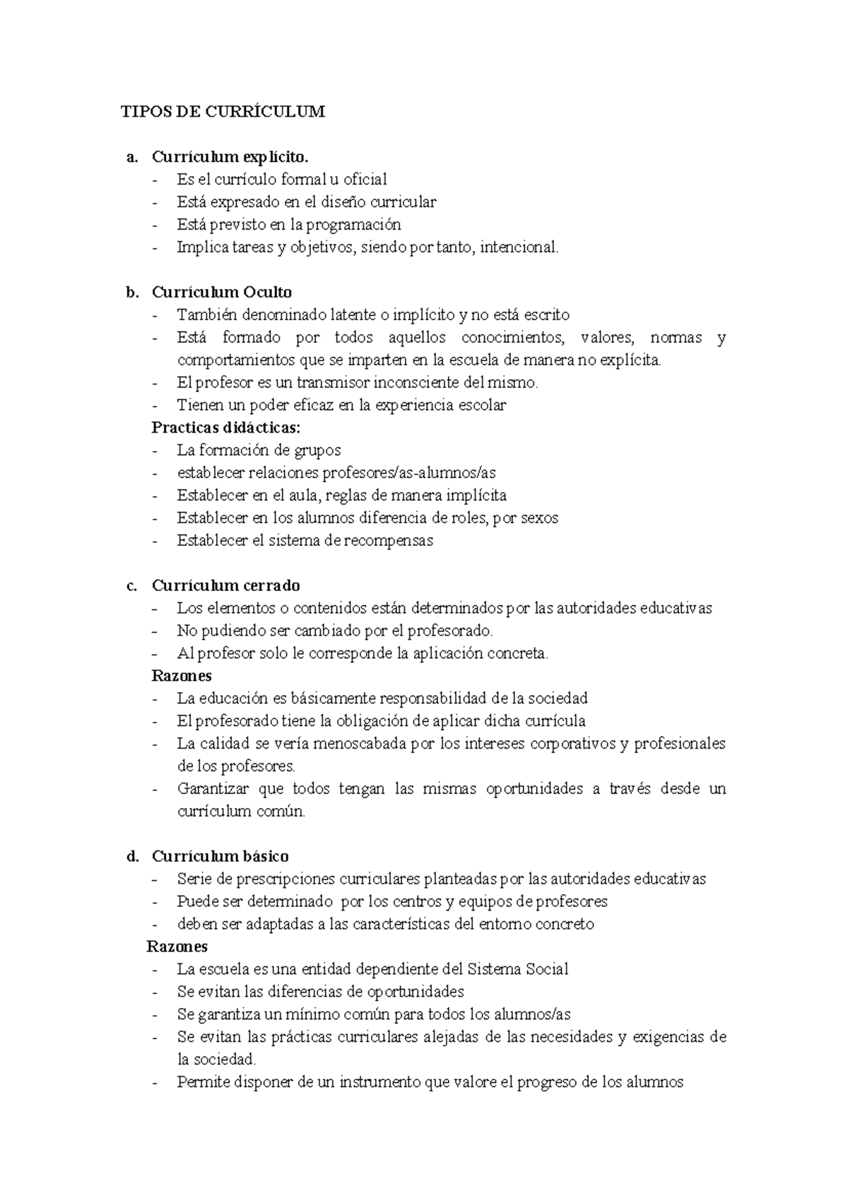 Tipos de Currículum (teoria) - TIPOS DE CURRÍCULUM a. Currículum ...
