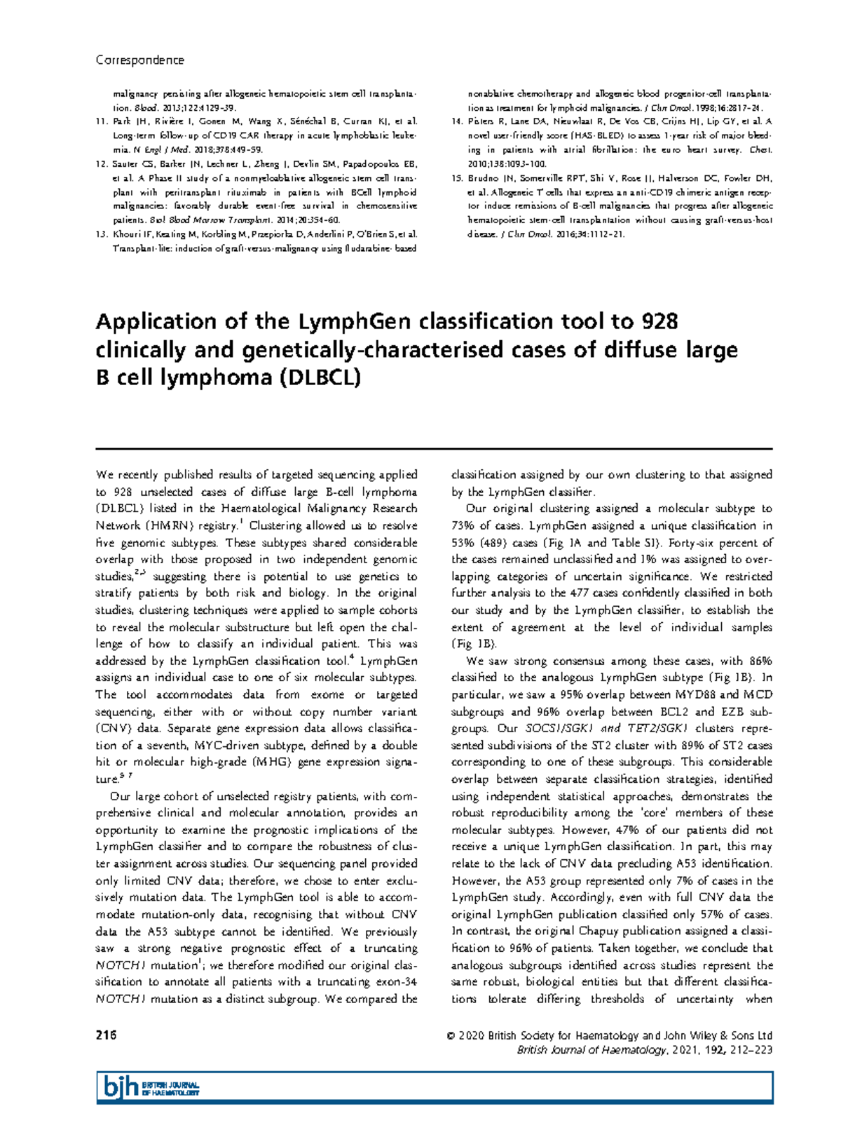 Application of the Lymph Gen classification tool - malignancy ...