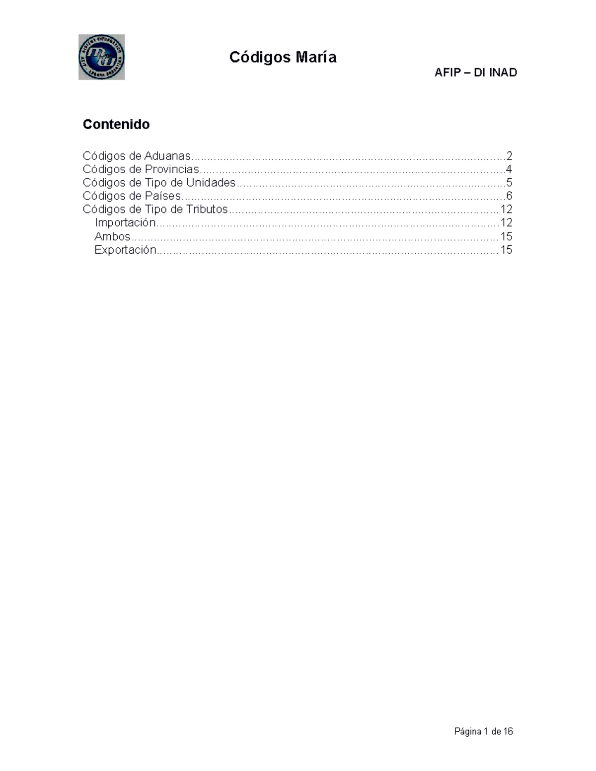 Códigos María - condigos sistema maria - AFIP – DI INAD Códigos de ...
