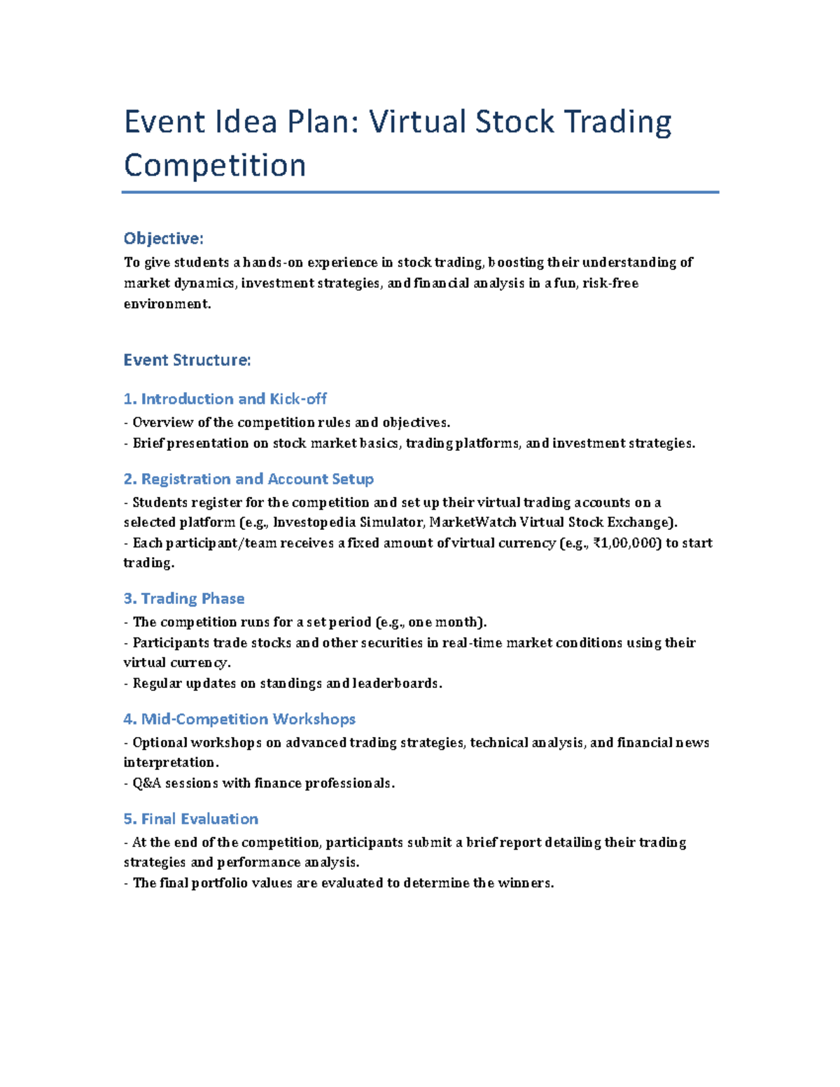 Event Ideation idea - Event Idea Plan: Virtual Stock Trading ...