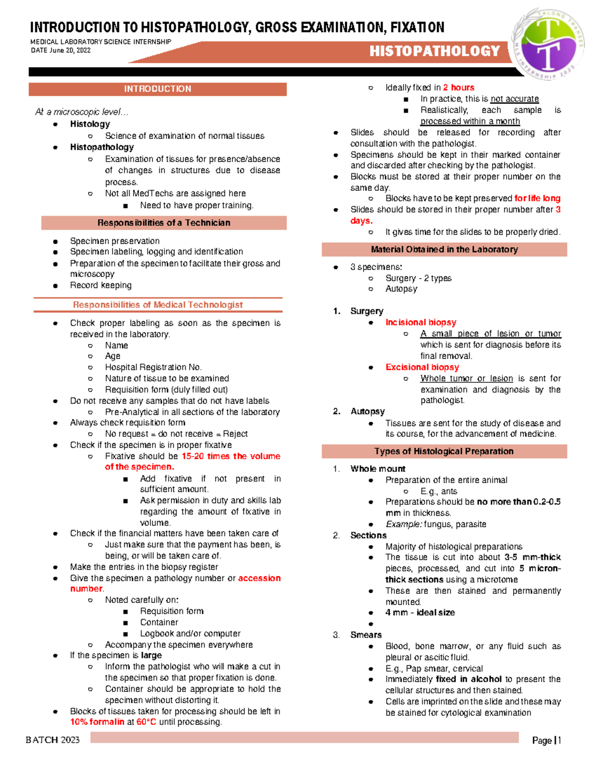 HP Merged Rot Trans - HP NOTES - BATCH 2023 Page | 1 HISTOPATHOLOGY ...