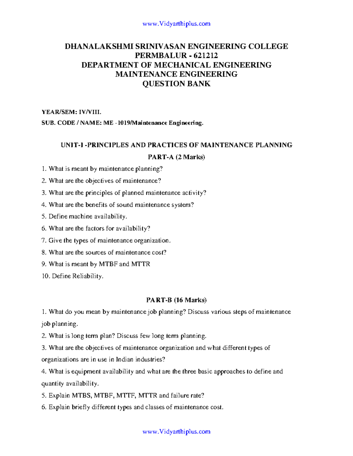 Maintenance engineering QB DSEC 2013 - DHANALAKSHMI SRINIVASAN ...