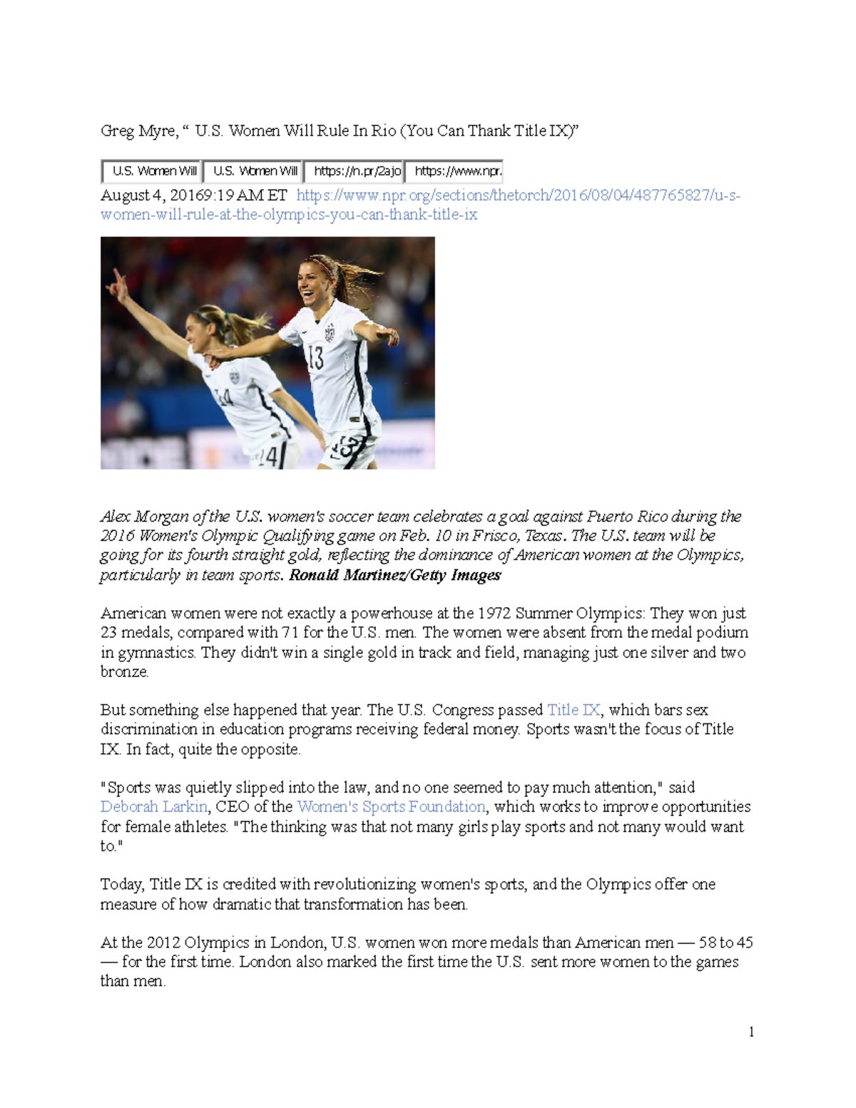 Myre US Women Will Rule in Rio - You Can Thank Title IX - Greg Myre ...