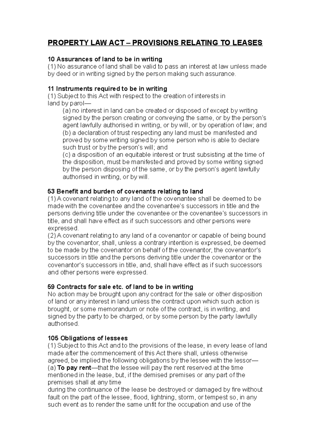 PLA provisions relating to leases PROPERTY LAW ACT PROVISIONS RELATING