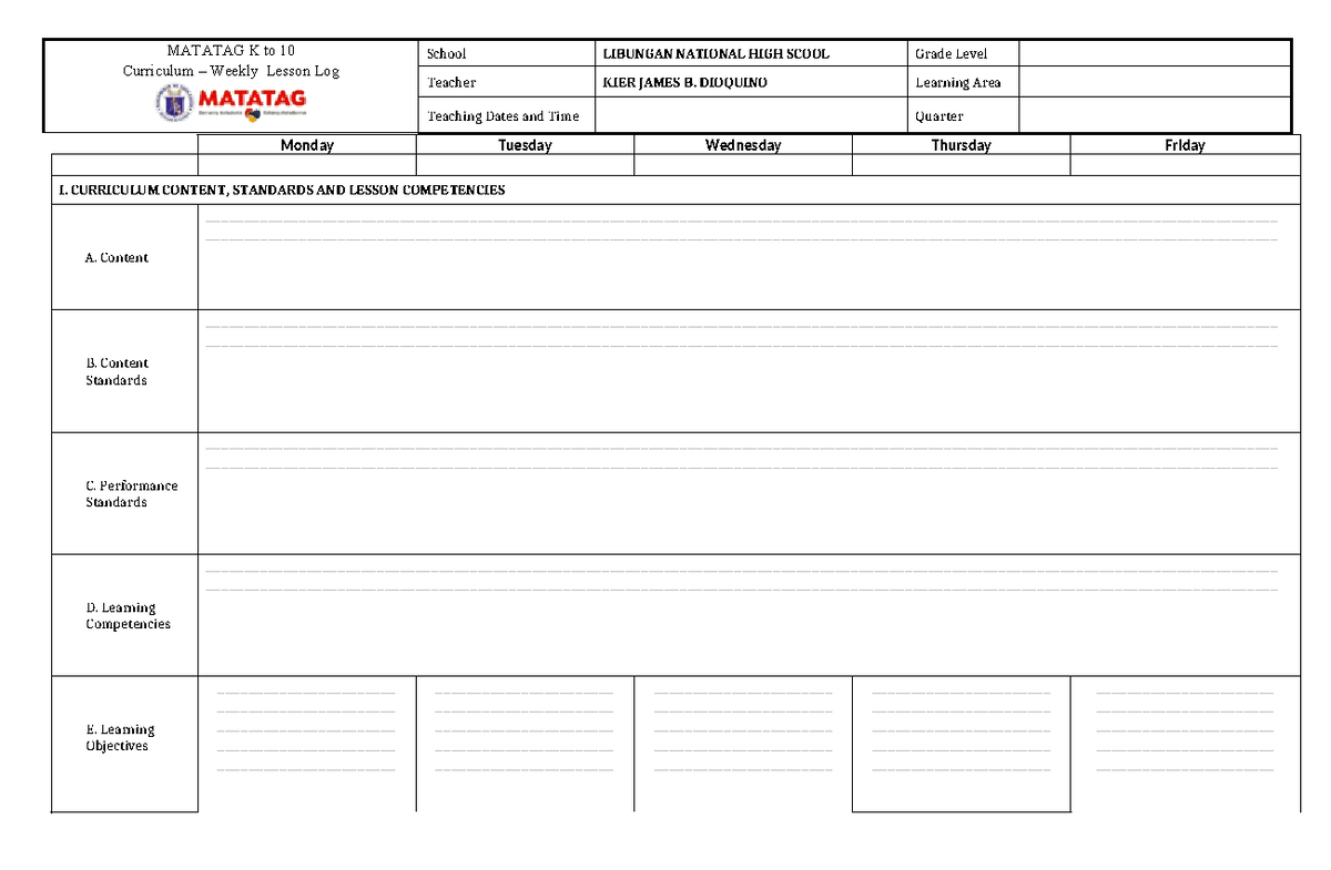 Matatag DLL-for-JHS - daily lesson log - MATATAG K to 10 Curriculum ...