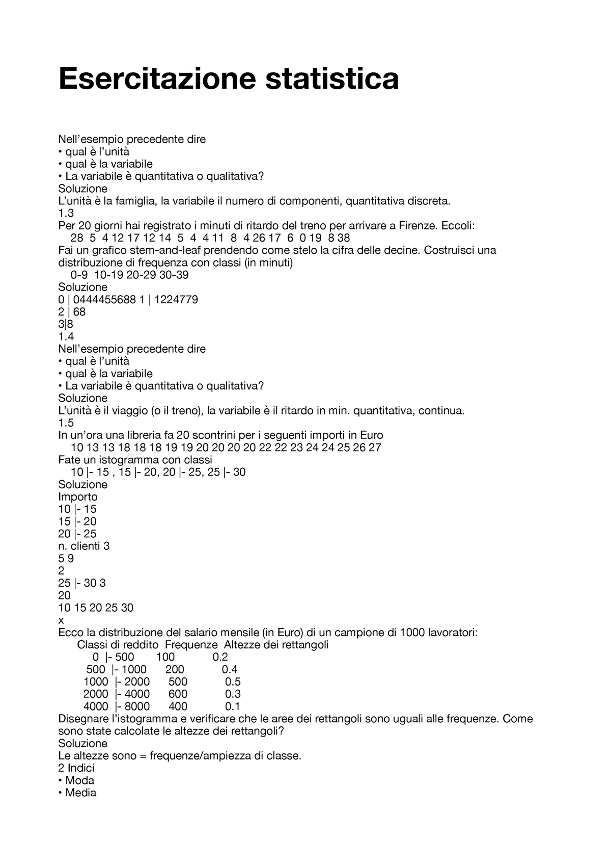 Esercitazione Statistica Con Soluzioni Mediana E Moda Esercitazione Statistica Nellesempio