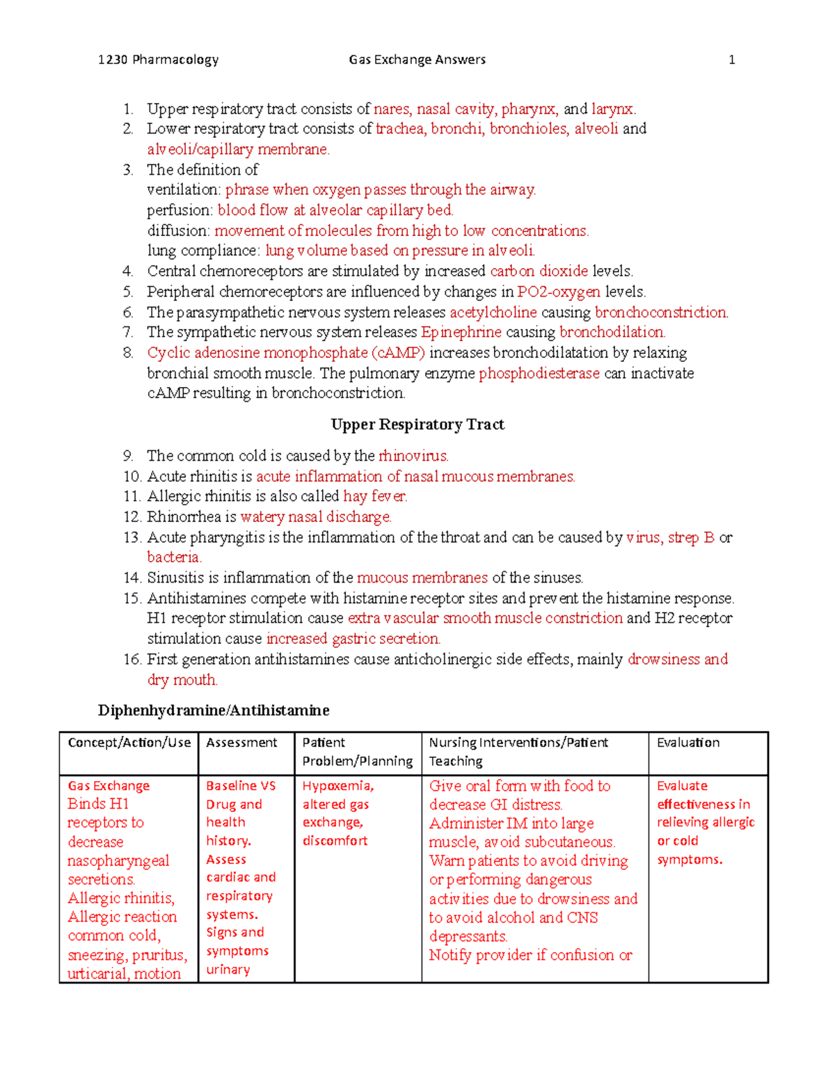 Gas Exchange Worksheet 2021 Answer Key - Upper respiratory tract consists  of nares, nasal cavity, - Studocu