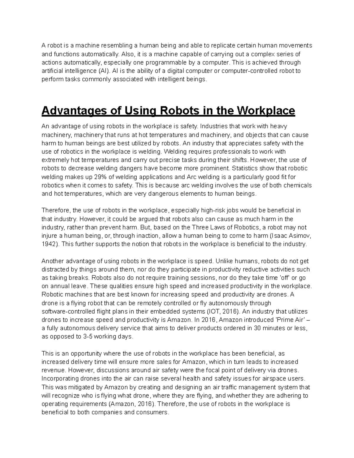 argumentative essay about using robots in the workplace