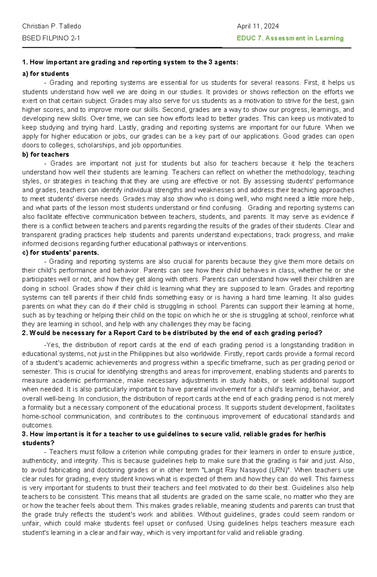 EDUC 7. Assessment in Learning - Christian P. Talledo April 11, 2024 ...