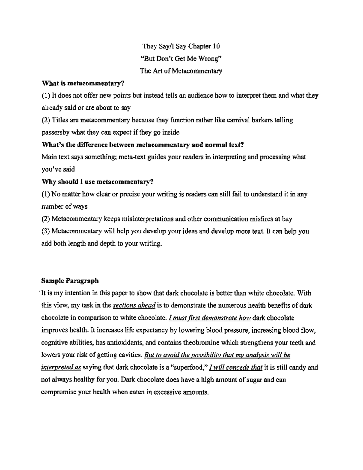 They Say I Say Metacommentary - They Say Chapter 10 Get Me The Art of ...