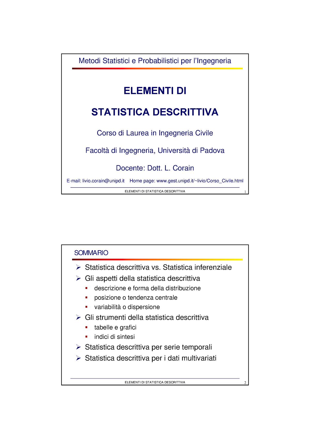 Elementi Di Statistica Descrittiva Metodi Statistici E Probabilistici Per ELEMENTI DI