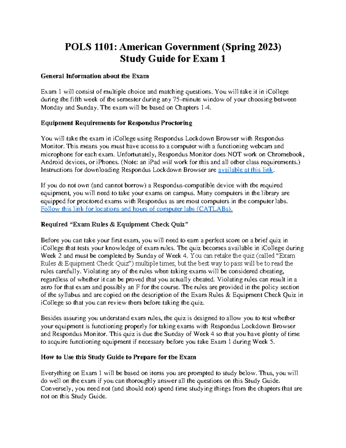 Exam 1 Study Guide S23 - POLS 1101: American Government (Spring 2023 ...