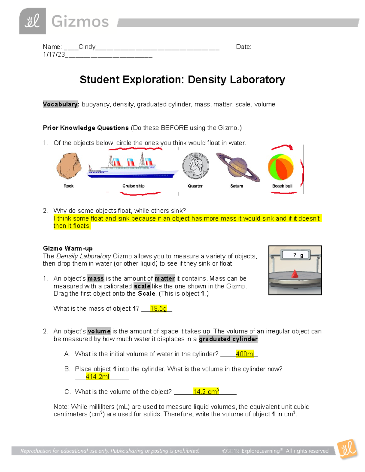 Density Gizmo Worksheet Name Cindy