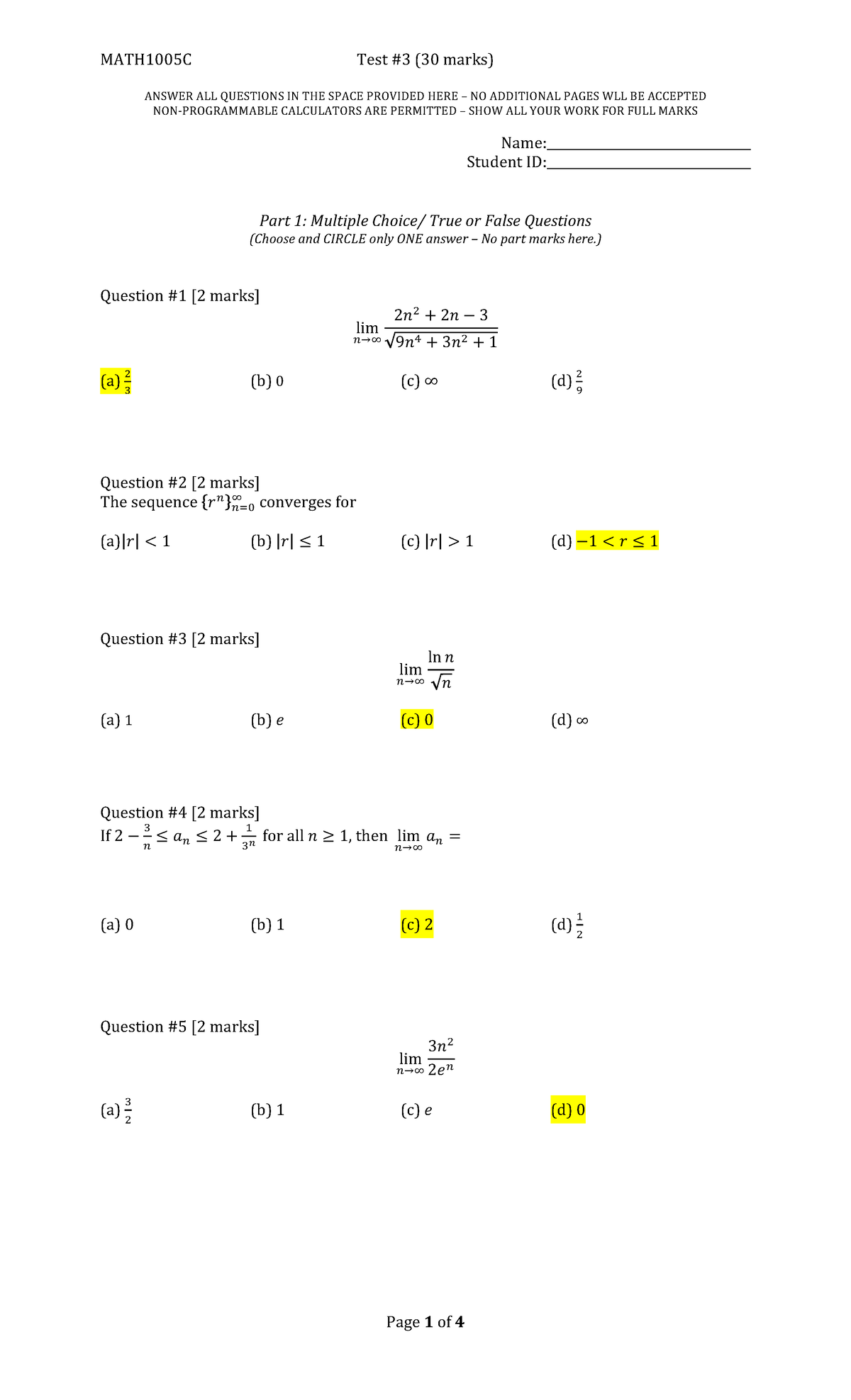 Test 3 questions and answers - MATH1005C Test #3 (30 marks) ANSWER ALL ...