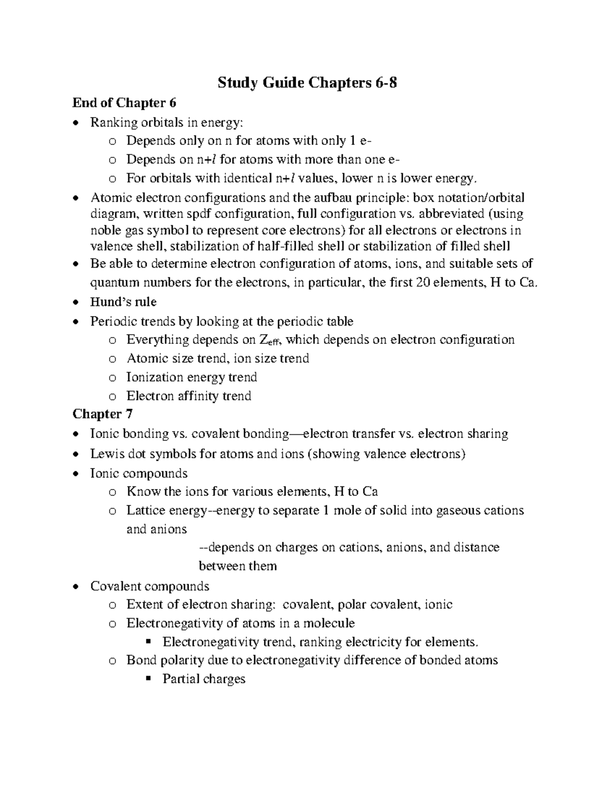 Study Guide Exam 4 CHM 1045 Fall 2018 - Study Guide Chapters 6-8 End of ...