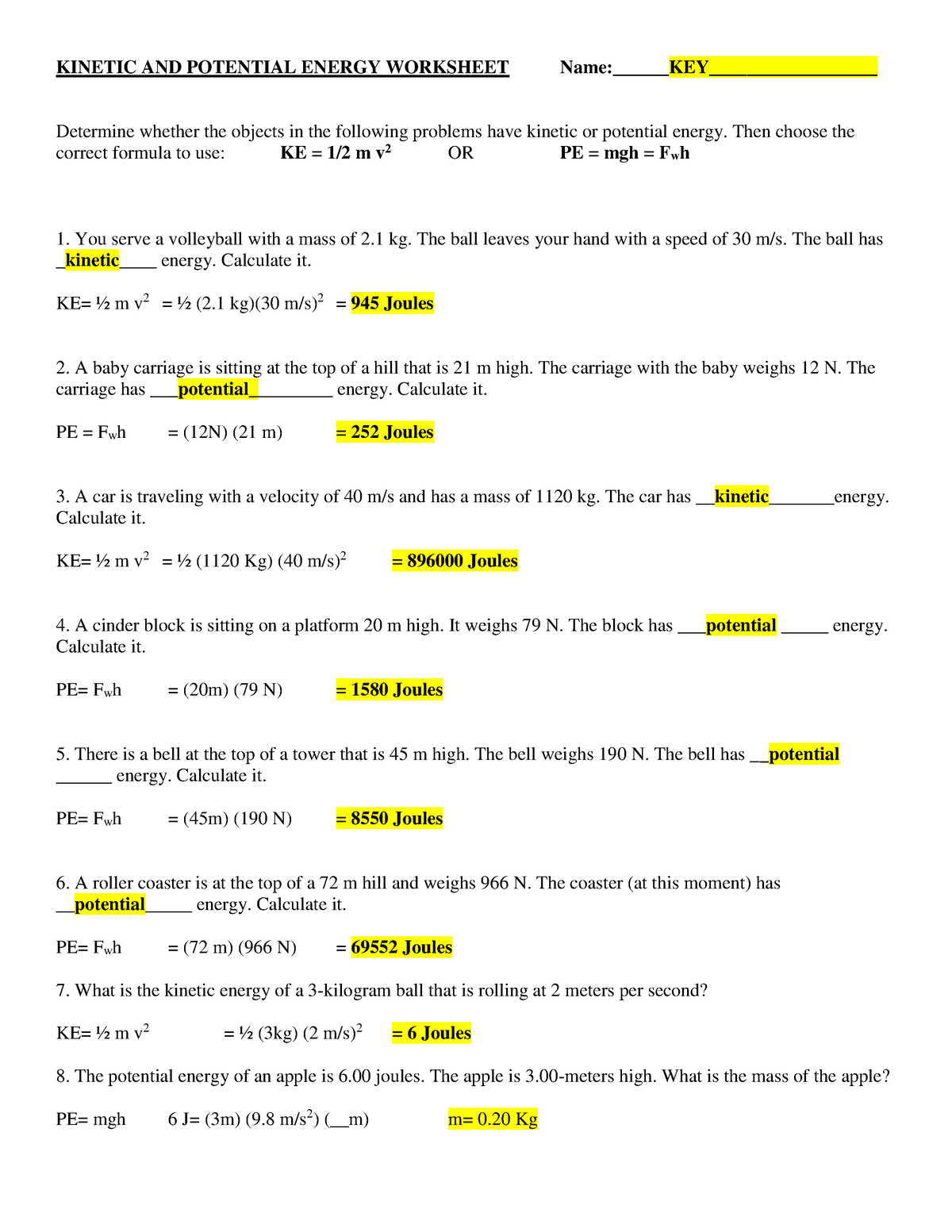 Honors physics kinetic and potenial energy worksheet key - KINETIC AND ...