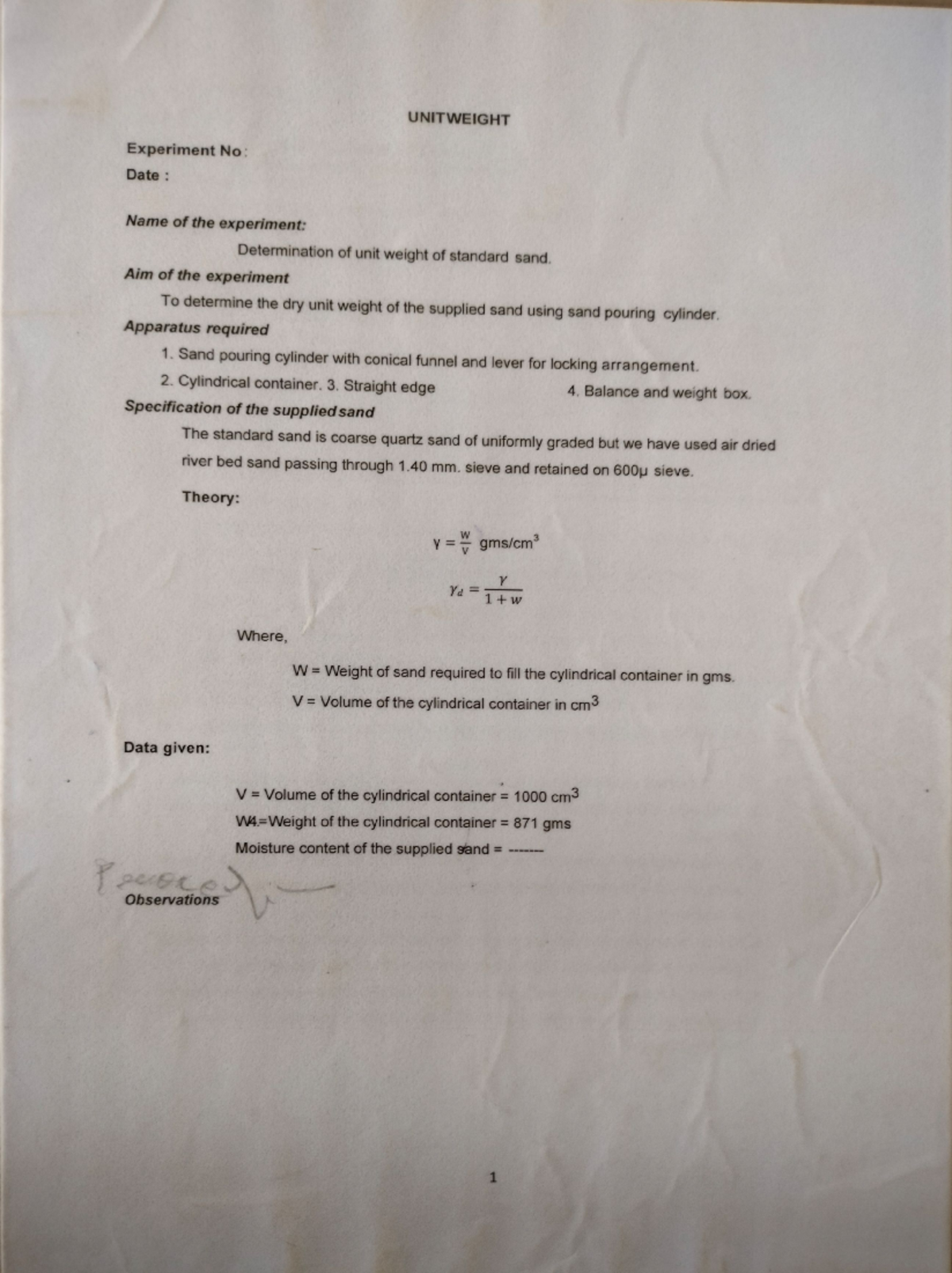 GTE lab - Lab records - UNITWEIGHT Experiment No : Date : Name of the ...