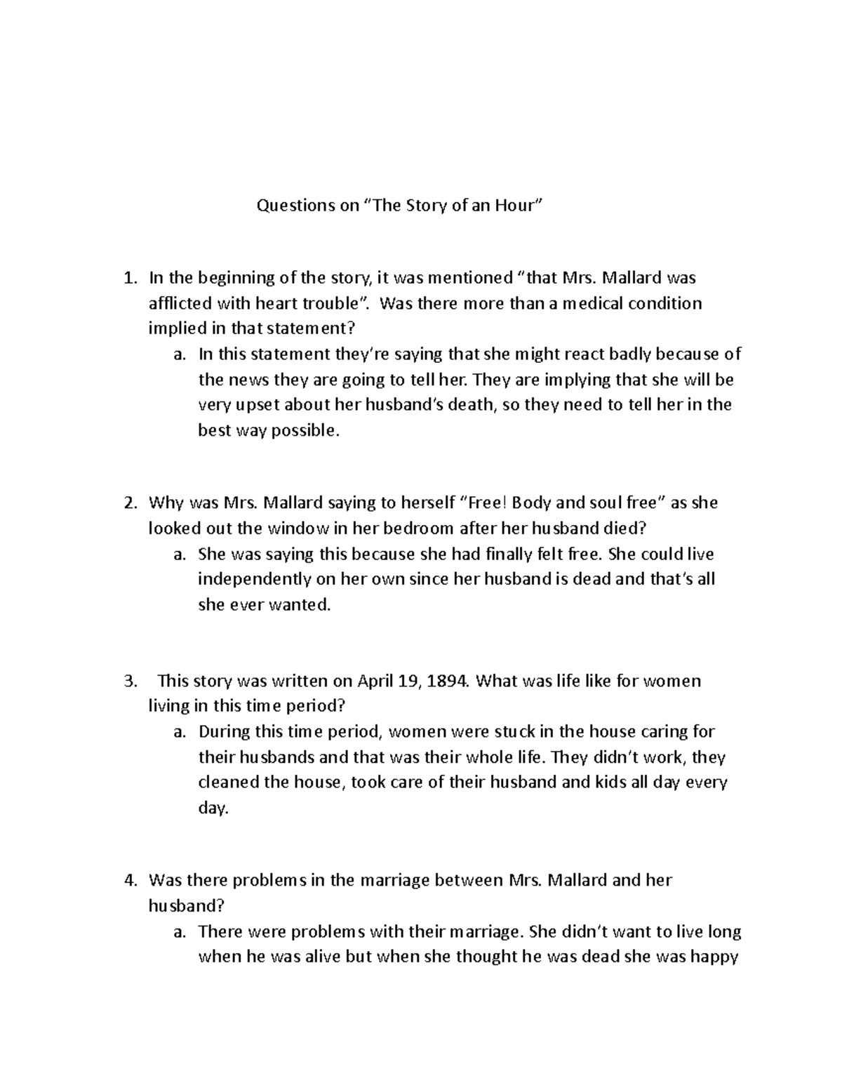 Questions on The Story of an Hour Questions on “The Story of an Hour