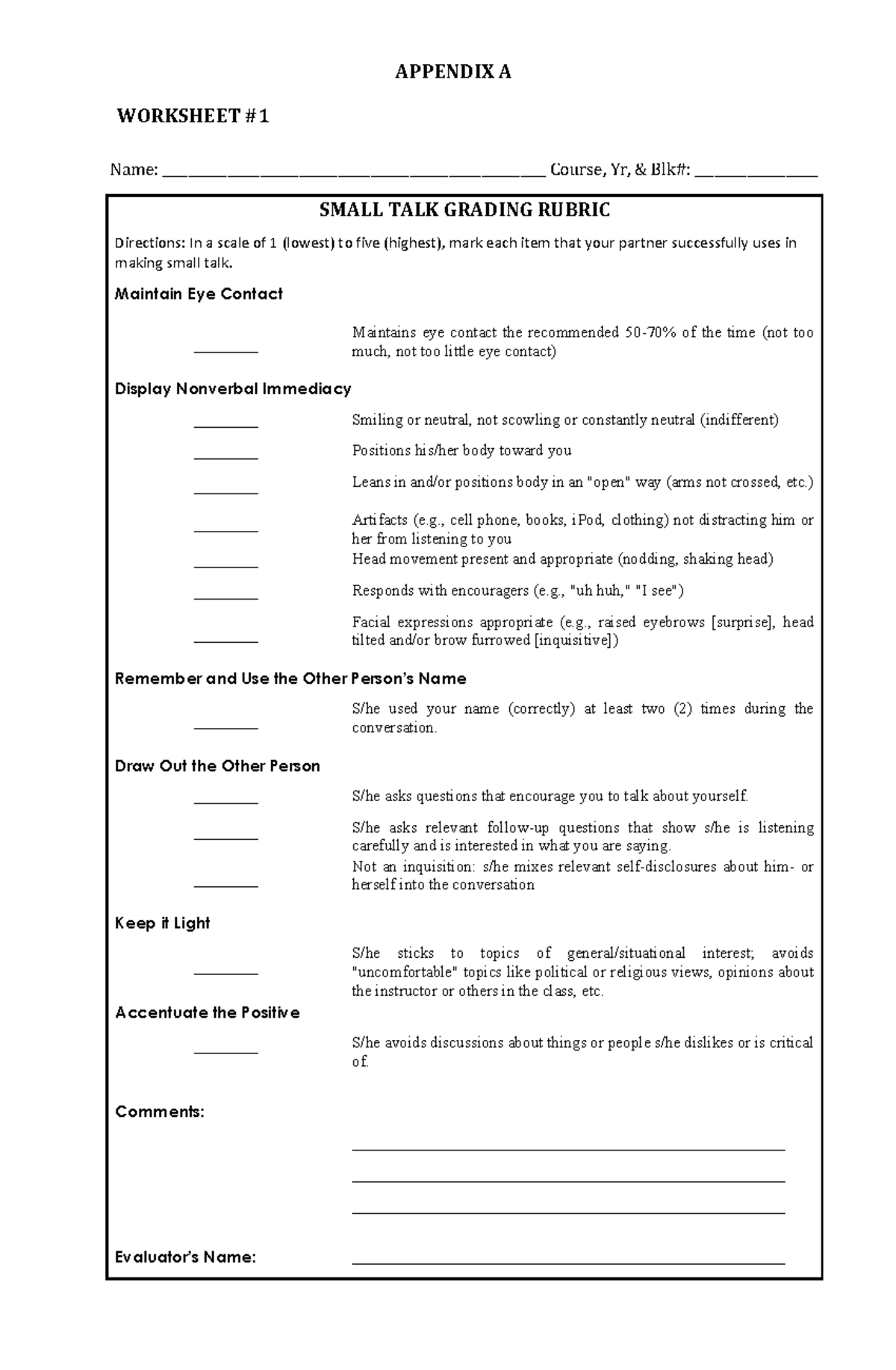 Orbucom Appendices - SMALL TALK GRADING RUBRIC Directions: In a scale ...