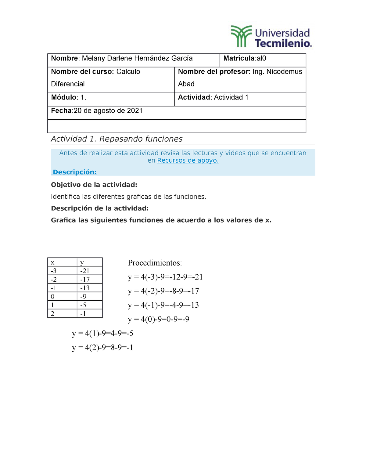 Calculo DIferencial Actividad 1 Universidad Tecmielenio - Nombre ...