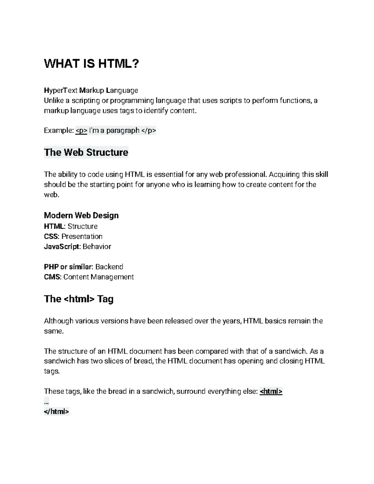 HTML Tutorial - Google Docs - WHAT IS HTML? HyperText Markup Language ...