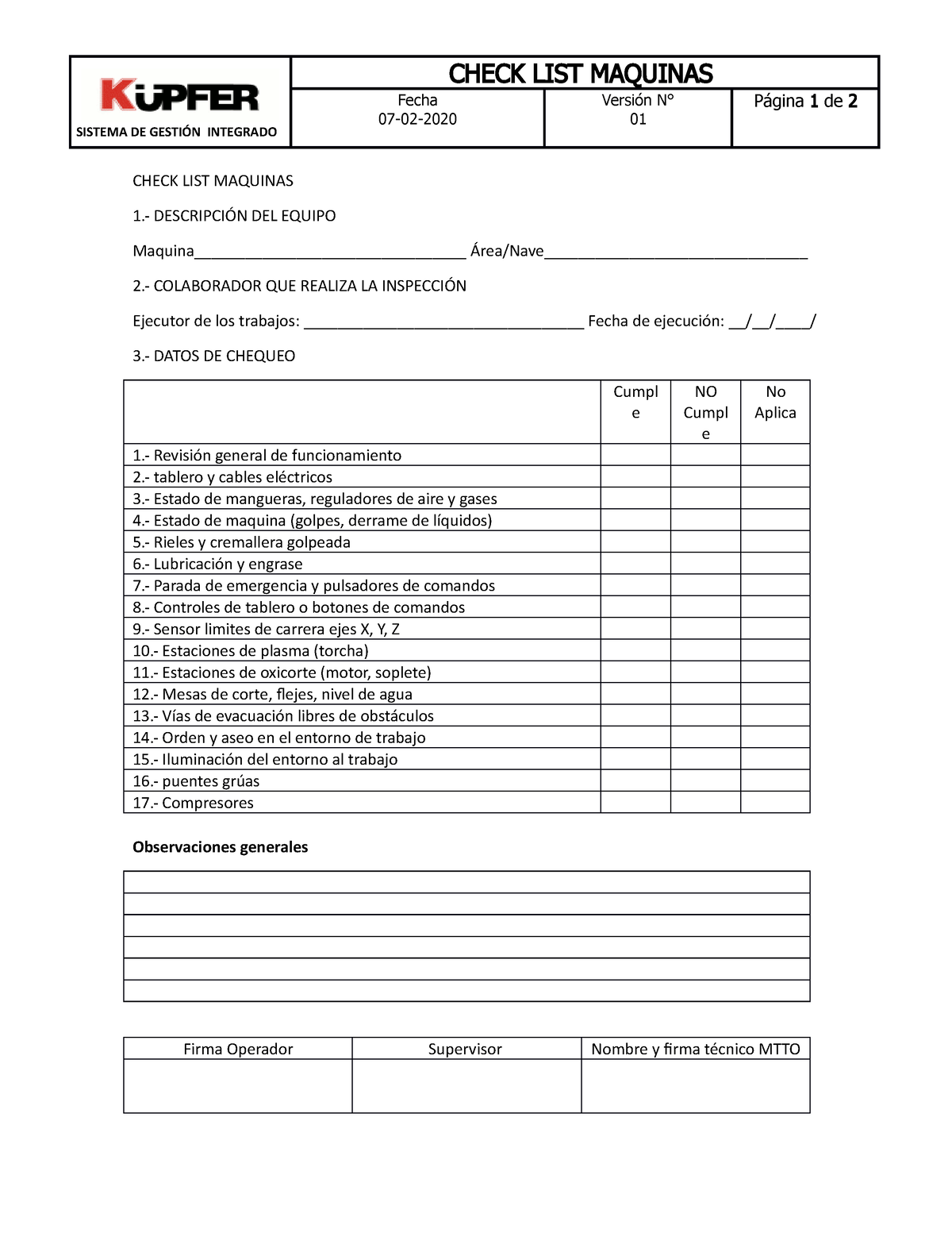 Registro Check List Maquinas - SISTEMA DE GESTIÓN INTEGRADO CHECK LIST ...