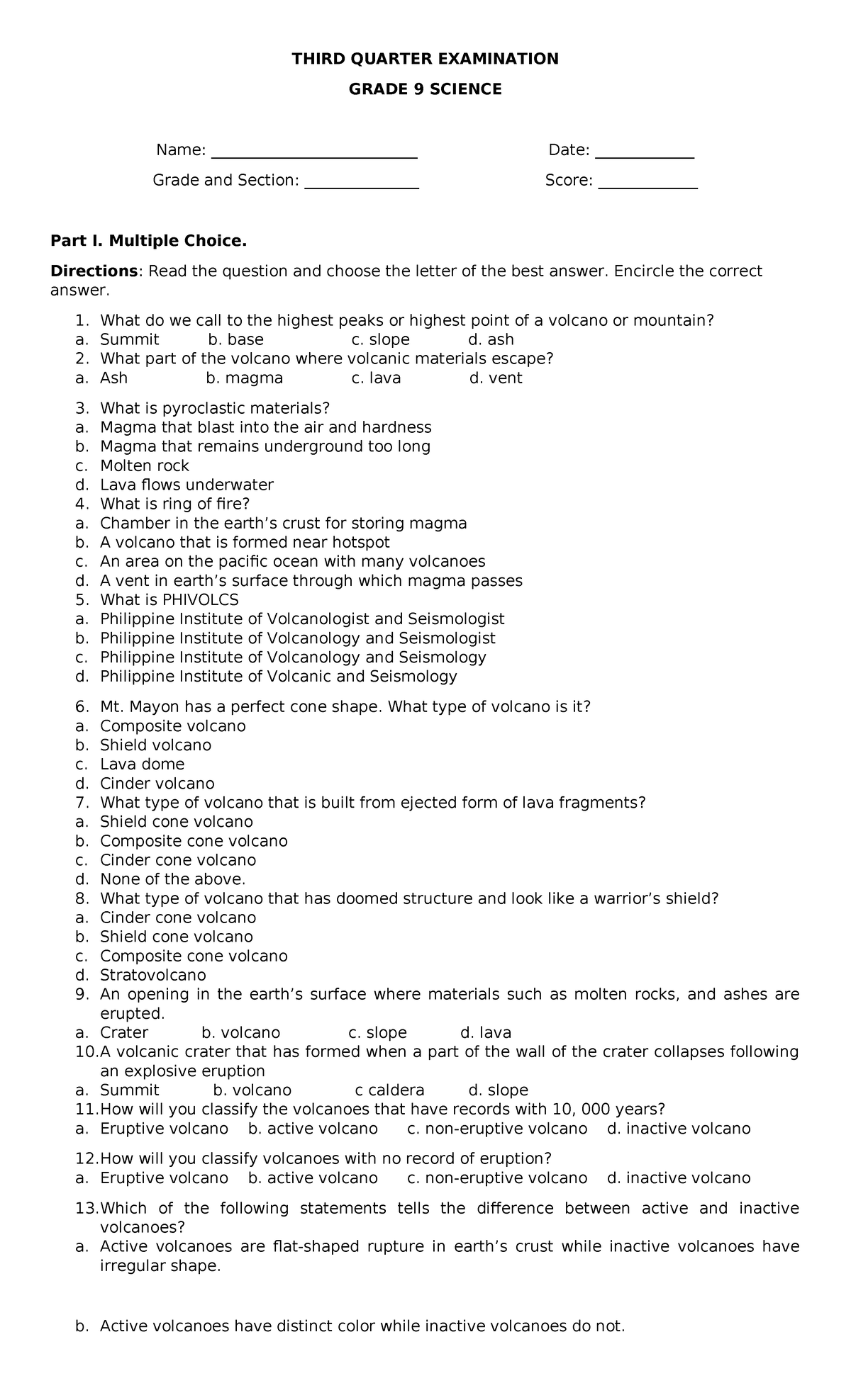 Grade-9 Examination - For educational purpose only - THIRD QUARTER ...