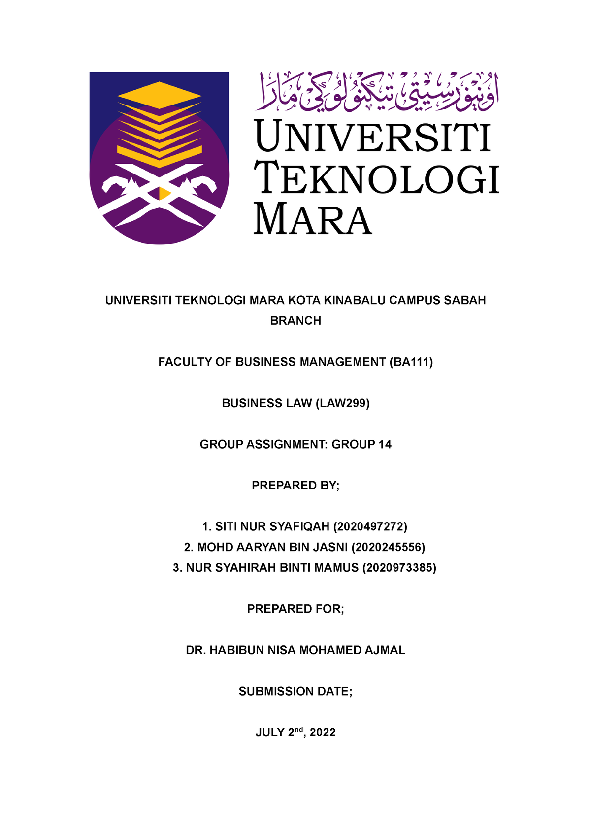 LAW299 Assignment Group 14 - UNIVERSITI TEKNOLOGI MARA KOTA KINABALU ...