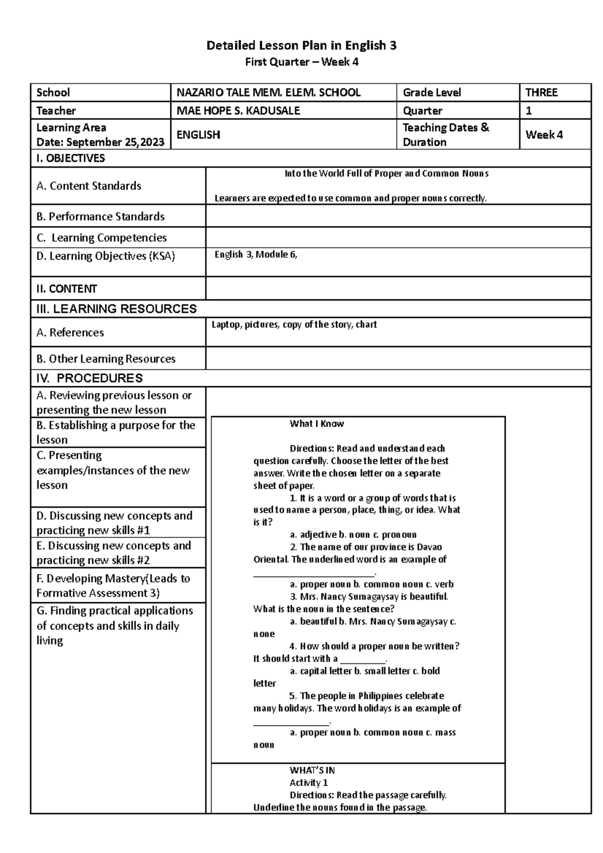 DLL ESP WEEK3 QUARTER 1 - Detailed Lesson Plan in English 3 First ...