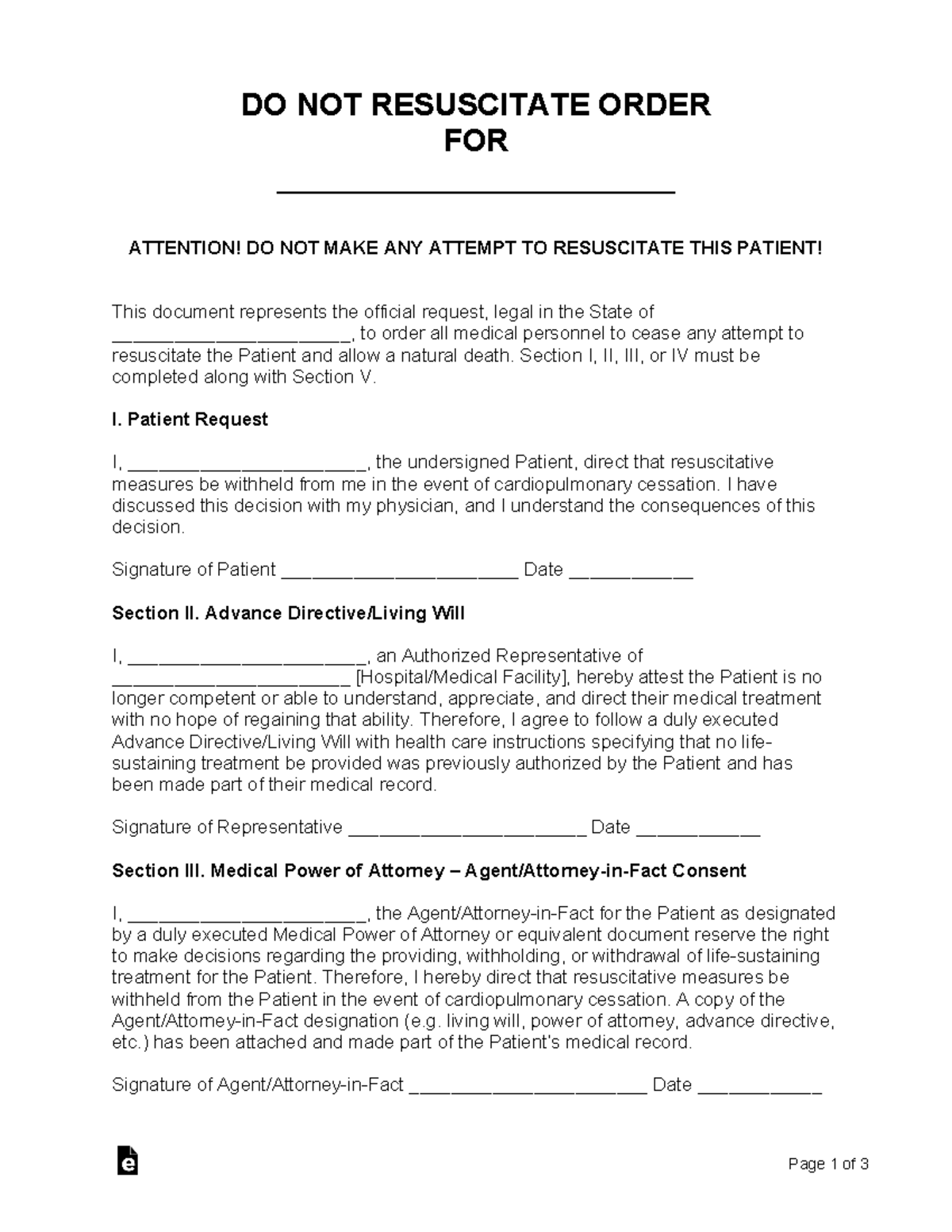 Do Not Resuscitate Order DO NOT RESUSCITATE ORDER FOR
