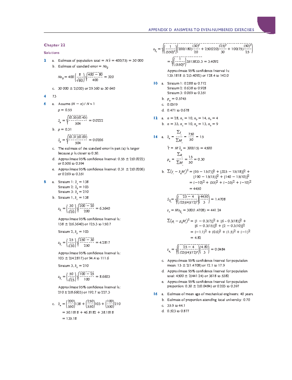 Chapter 22 Solutions - Estimate of population total = N _ x = 400(75 ...