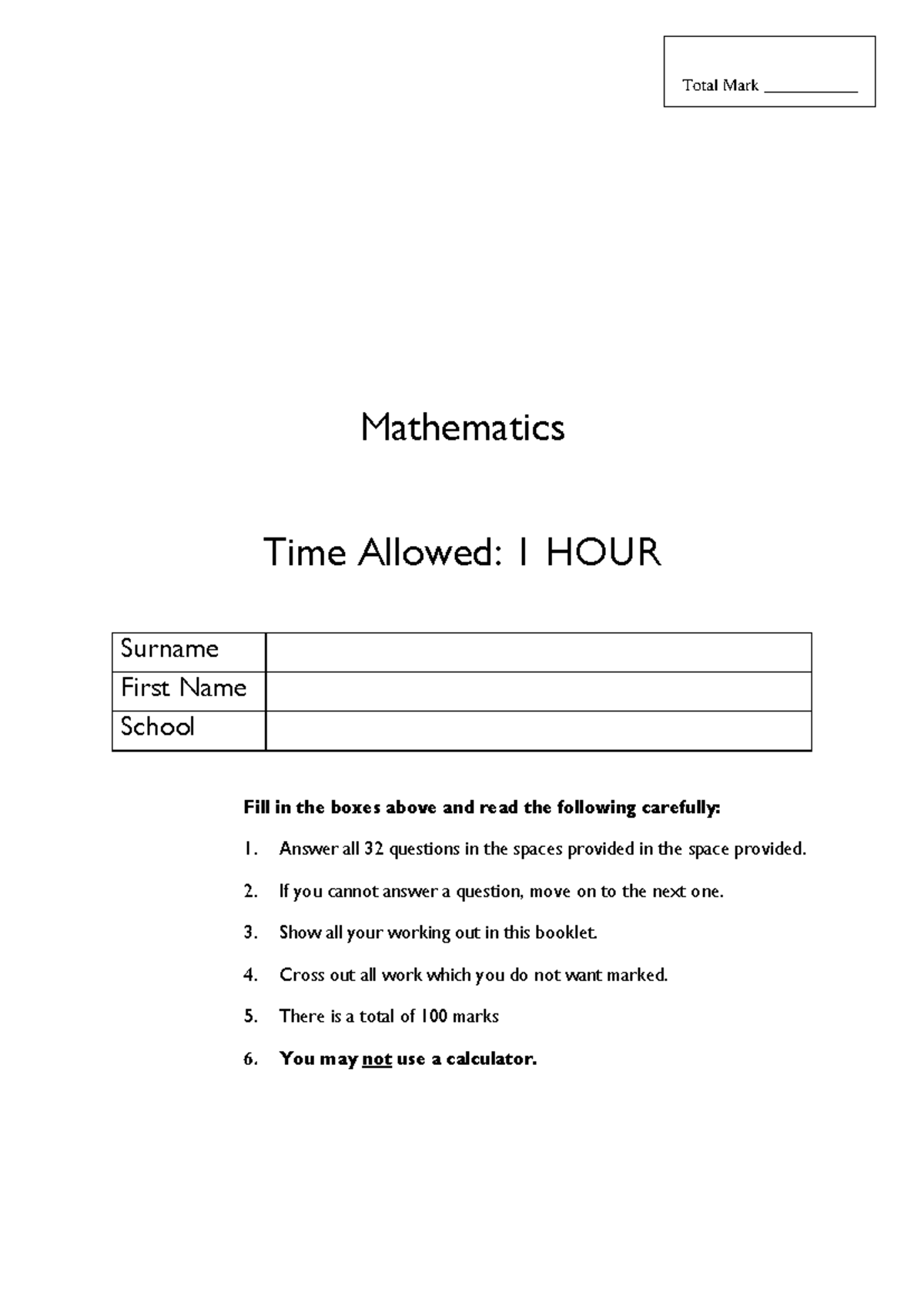 2 Mathematics Paper - sss - Entrance Exam Mathematics 10+ Entry Time ...
